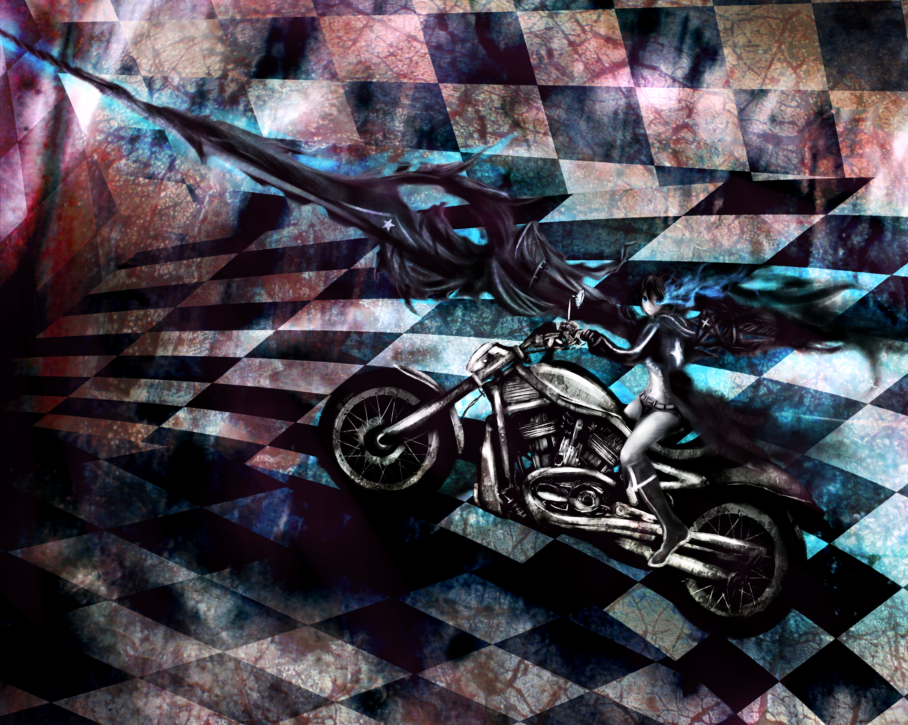 moekyon, black rock shooter (character), black rock shooter, vehicle, bad id, bad pixiv id, highres, 10s, 1girl, black hair, blue eyes, boots, female focus, glowing, glowing eyes, huge weapon, jacket, long hair, motor vehicle, motorcycle, navel, pale skin, shorts, solo, twintails, weapon