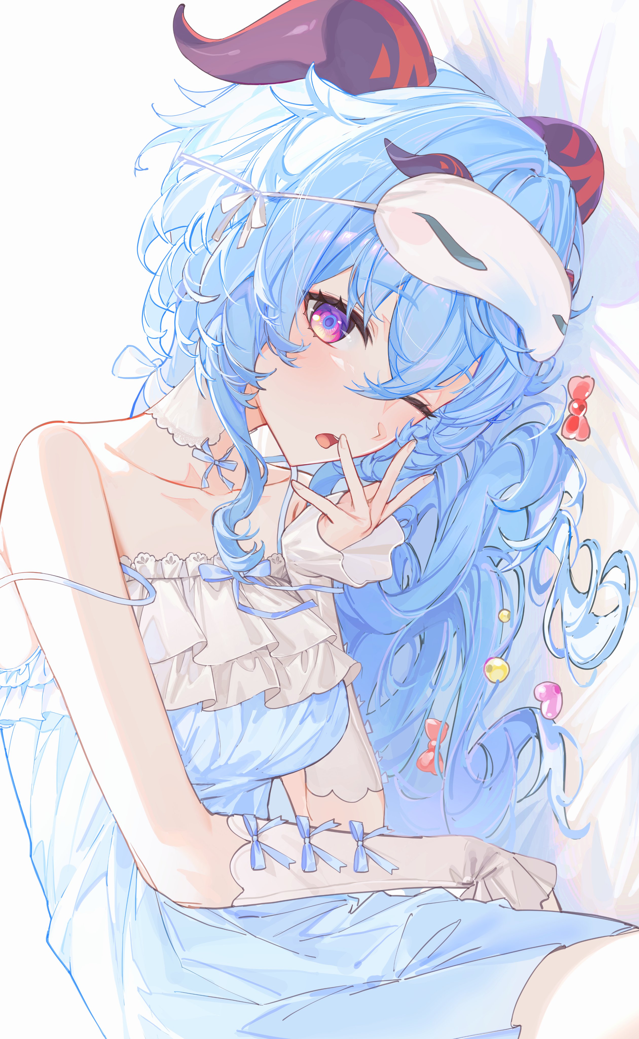 kkopoli, ganyu (genshin impact), genshin impact, absurdres, commentary, highres, symbol-only commentary, 1girl, alternate costume, alternate hairstyle, blue camisole, blue hair, breasts, camisole, collar, collarbone, detached sleeves, goat horns, horns, long hair, looking at viewer, lying, mask, mask on head, medium breasts, on bed, on side, one eye closed, purple eyes, sideways, single off shoulder, sleep mask, solo, white background, white collar, white sleeves