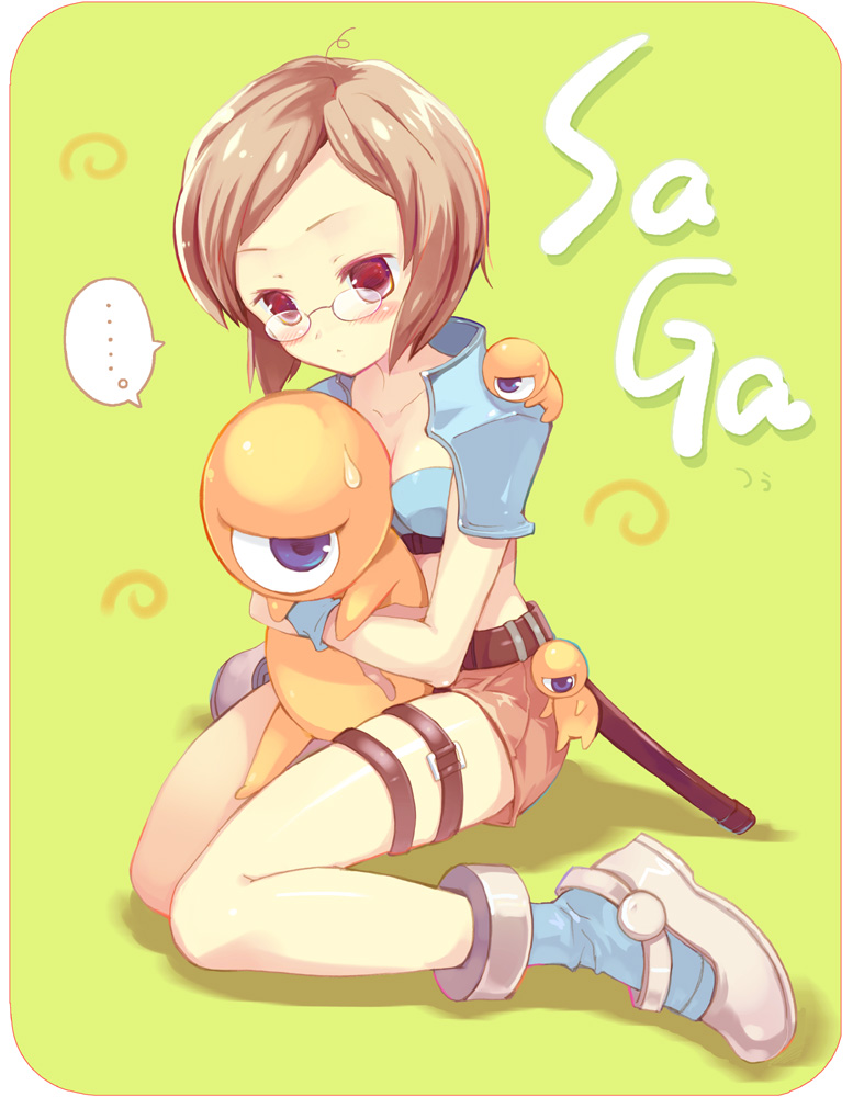 takeda mika, human (saga 2), teacher (saga 2), saga, saga 2, bad id, bad pixiv id, 1girl, belt, belt charm, blush, brown hair, charm (object), copyright name, glasses, hug, midriff, monster, red eyes, sheath, short hair, shorts, sweatdrop, sword, thigh strap, weapon, yellow background