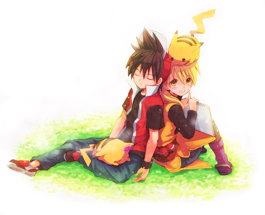 nire, nire (scissors), chuchu (pokemon), pikachu, red (pokemon), yellow (pokemon), nintendo, pokemon, pokemon adventures, bad id, bad pixiv id, 1boy, 1girl, back-to-back, baseball cap, black hair, blonde hair, blush, closed eyes, couple, finger to mouth, flower, gen 1 pokemon, hat, hetero, poke ball, pokemon (creature), ponytail, sitting, sketchbook, sleeping, waist poke ball, wristband, yellow eyes