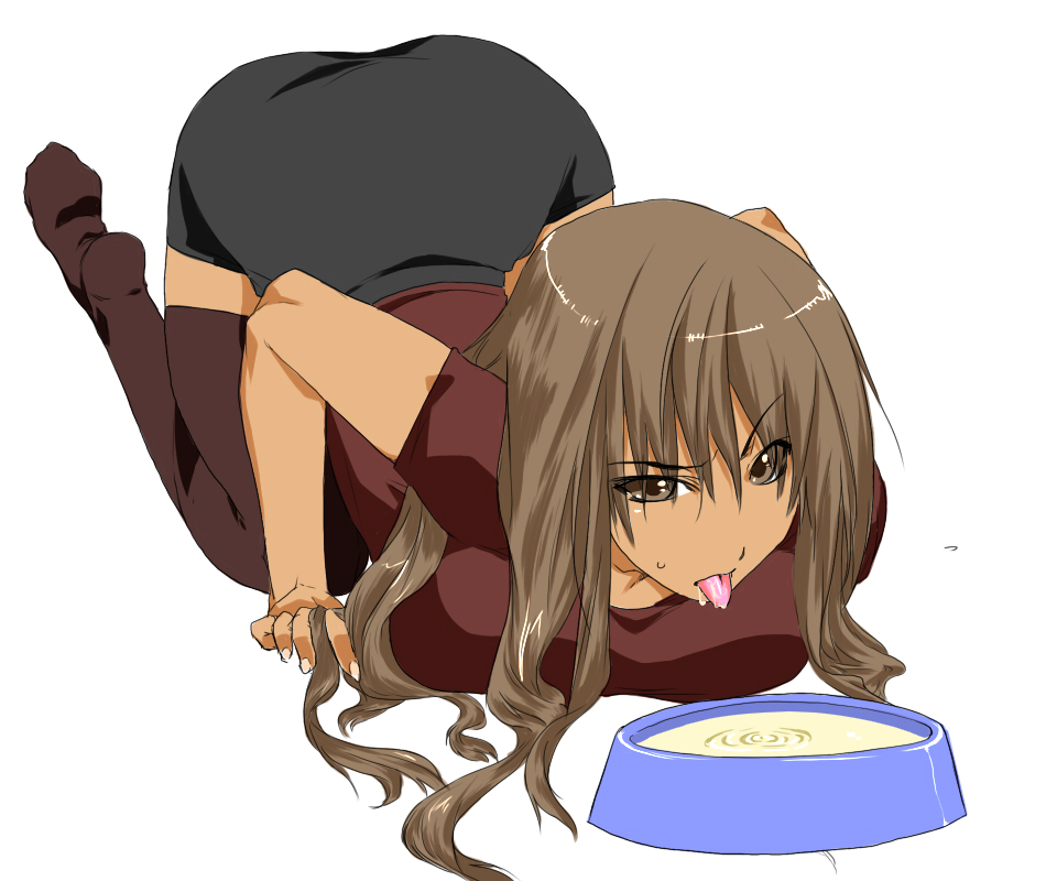 ksaiki, bad id, bad pixiv id, 1girl, bowl, brown eyes, brown hair, dark-skinned female, dark skin, female focus, licking, long hair, milk, pet bowl, skirt, solo, tan, thighhighs