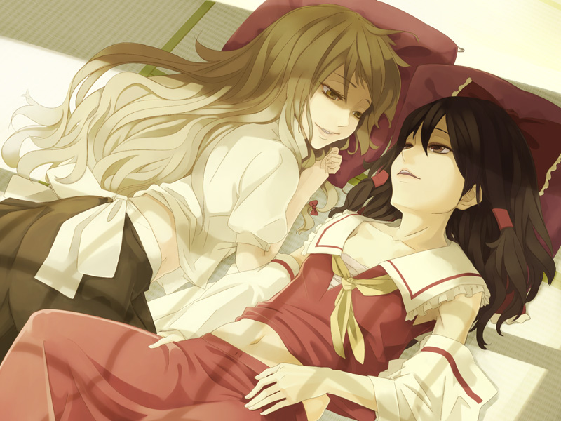 miyakaze, hakurei reimu, kirisame marisa, touhou, 2girls, black hair, blonde hair, bow, brown eyes, detached sleeves, female focus, japanese clothes, long hair, lying, miko, multiple girls, pillow, yellow eyes