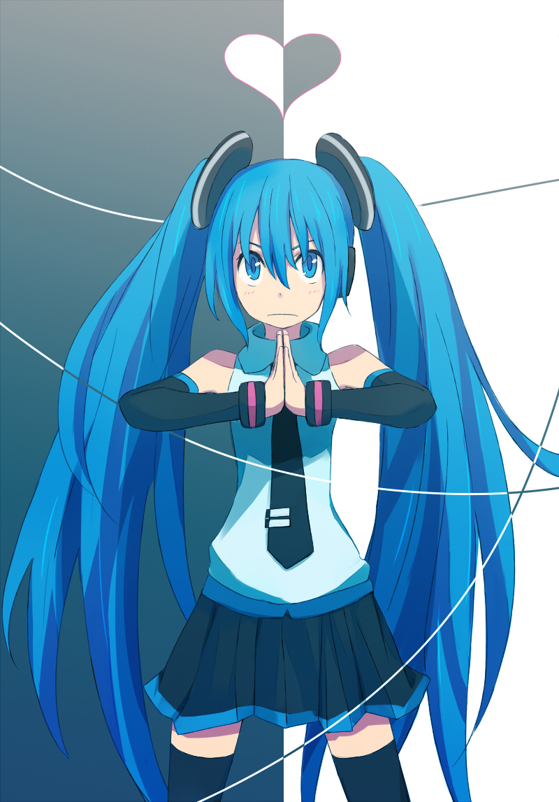 kosa k, hatsune miku, ura-omote lovers (vocaloid), vocaloid, bad id, bad pixiv id, 1girl, blue eyes, blue hair, elbow gloves, female focus, gloves, headphones, heart, long hair, matching hair/eyes, necktie, skirt, solo, thighhighs, twintails, very long hair, zettai ryouiki