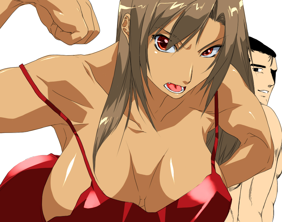 ksaiki, abe takakazu, kuso miso technique, bad id, bad pixiv id, 1boy, 1girl, breasts, brown hair, cleavage, dark skin, dress, flexing, hanging breasts, huge breasts, large breasts, leaning, long hair, looking at viewer, muscular, no bra, open mouth, red eyes, sideboob, tan, yaranaika