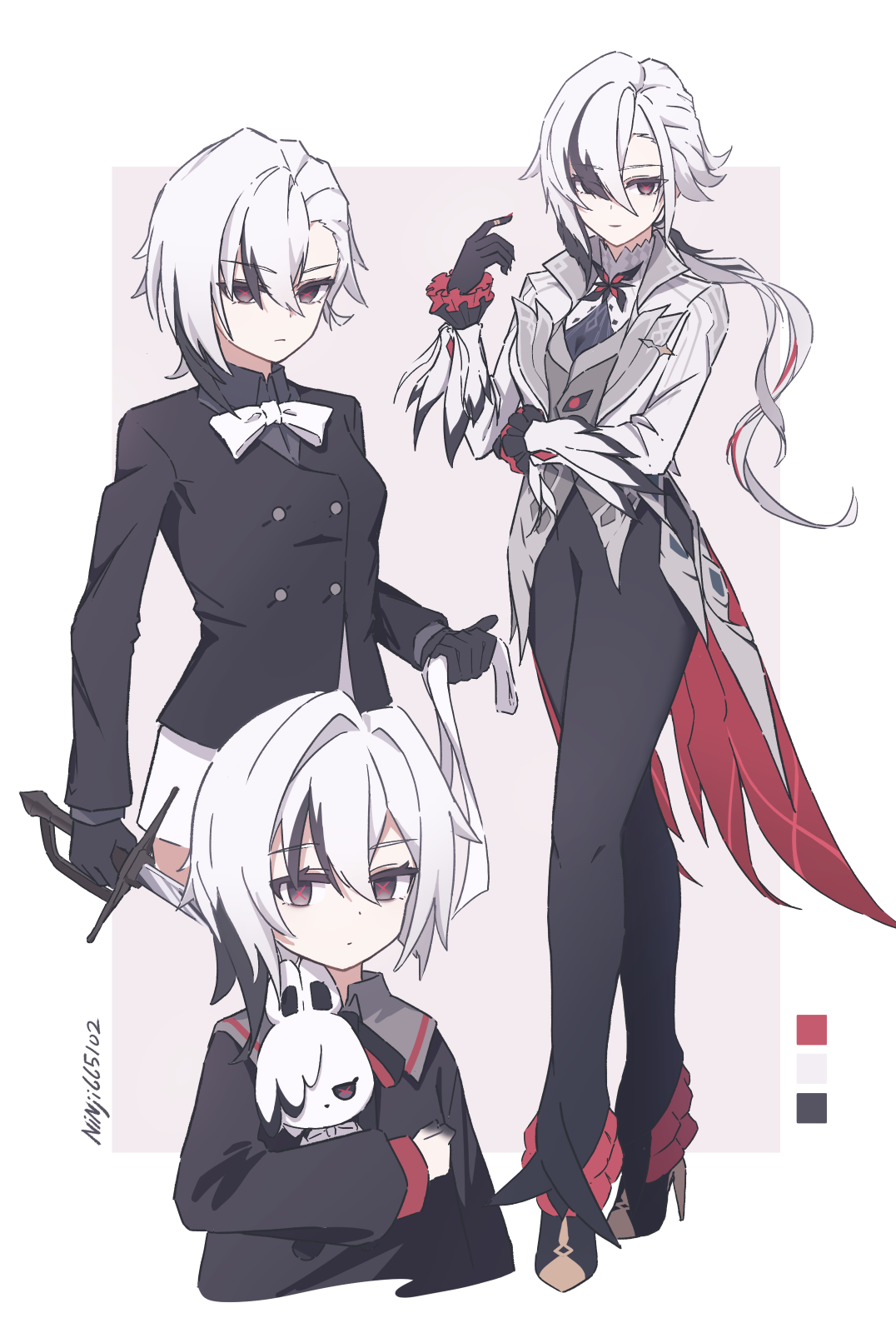 ninji665102, arlecchino (genshin impact), peruere (genshin impact), genshin impact, commentary request, highres, 1girl, aged down, black eyes, black hair, black hands, black jacket, black pants, black shirt, blazer, bow, coattails, color guide, colored extremities, cropped legs, cropped torso, frilled cuffs, full body, grey hair, high heels, holding, holding stuffed toy, holding sword, holding weapon, jacket, long hair, looking at viewer, multicolored hair, pants, ponytail, shirt, short hair, shorts, stuffed animal, stuffed toy, sword, symbol-shaped pupils, weapon, white bow, white jacket, white shorts, x-shaped pupils