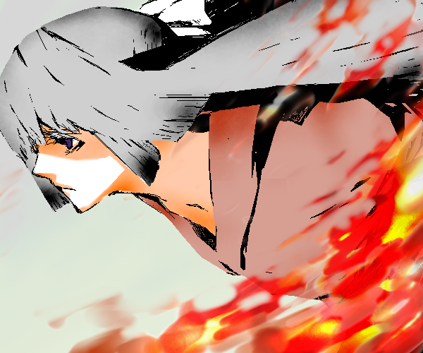 fujiwara no mokou, touhou, artist request, 1girl, female focus, fire, grey hair, long hair, purple eyes, red shirt, sad, shirt, solo