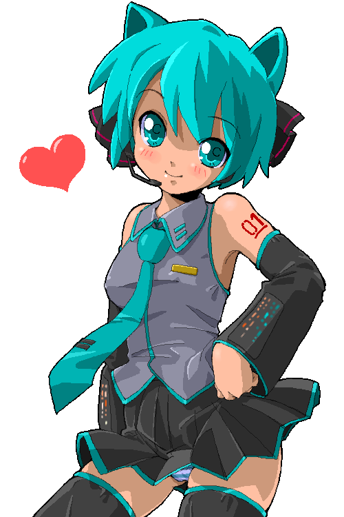 shino (pharmacy), hatsune miku, vocaloid, bad id, bad pixiv id, 1girl, alternate hair length, alternate hairstyle, animal ears, aqua eyes, aqua hair, cat ears, detached sleeves, female focus, headphones, headset, heart, kemonomimi mode, necktie, panties, short hair, simple background, skirt, smile, solo, striped clothes, striped panties, thighhighs, underwear, zettai ryouiki