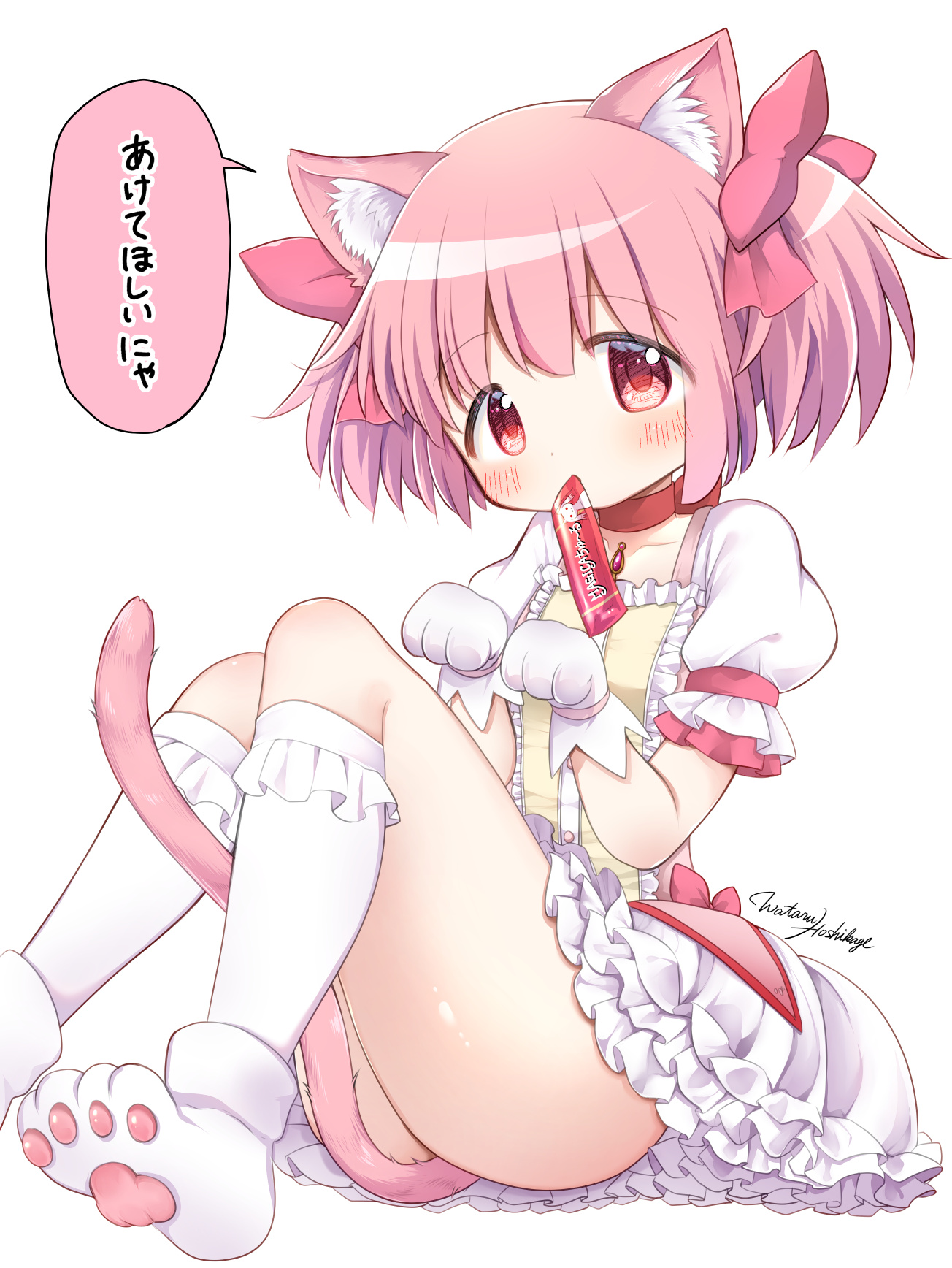 hoshikage wataru, kaname madoka, kaname madoka (magical girl), kyubey, mahou shoujo madoka magica, mahou shoujo madoka magica (anime), commentary request, highres, translation request, 1girl, animal ear fluff, animal ears, between legs, blush, bow, bow choker, bubble skirt, cat ears, cat girl, cat tail, choker, collarbone, dot nose, dress, dress bow, food in mouth, frilled skirt, frilled sleeves, frilled socks, frills, full body, gloves, hair bow, kemonomimi mode, kneehighs, knees up, looking at viewer, magical girl, paw pose, pink bow, pink dress, pink hair, red choker, red eyes, short dress, short hair, short sleeves, short twintails, simple background, sitting, skirt, socks, solo, tail, tail between legs, twintails, white background, white gloves, white skirt, white socks