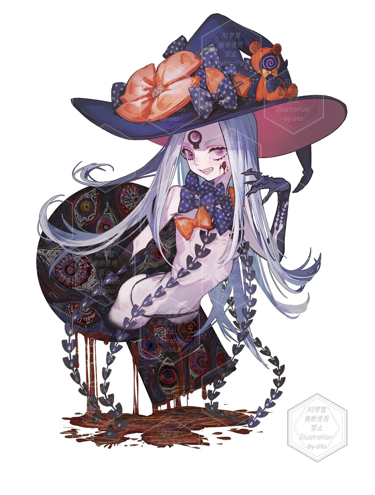 ota (ota-0000), abigail williams (fate), abigail williams (third ascension) (fate), fate/grand order, fate (series), commentary request, highres, 1girl, black bow, black hat, black panties, bow, breasts, hat, key, keyhole, long hair, looking at viewer, multiple hat bows, orange bow, pale skin, panties, parted bangs, petite, polka dot, polka dot bow, red eyes, revealing clothes, small breasts, smile, solo, tentacles, third eye, underwear, very long hair, white hair, witch hat