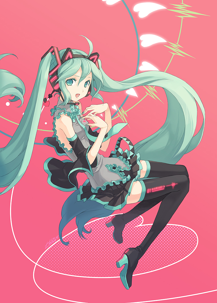 h2so4, hatsune miku, vocaloid, 1girl, ahoge, aqua eyes, aqua hair, aqua nails, detached sleeves, female focus, headphones, headset, heart, heart on chest, legs, long hair, nail polish, necktie, skirt, smile, solo, thighhighs, twintails, very long hair, zettai ryouiki