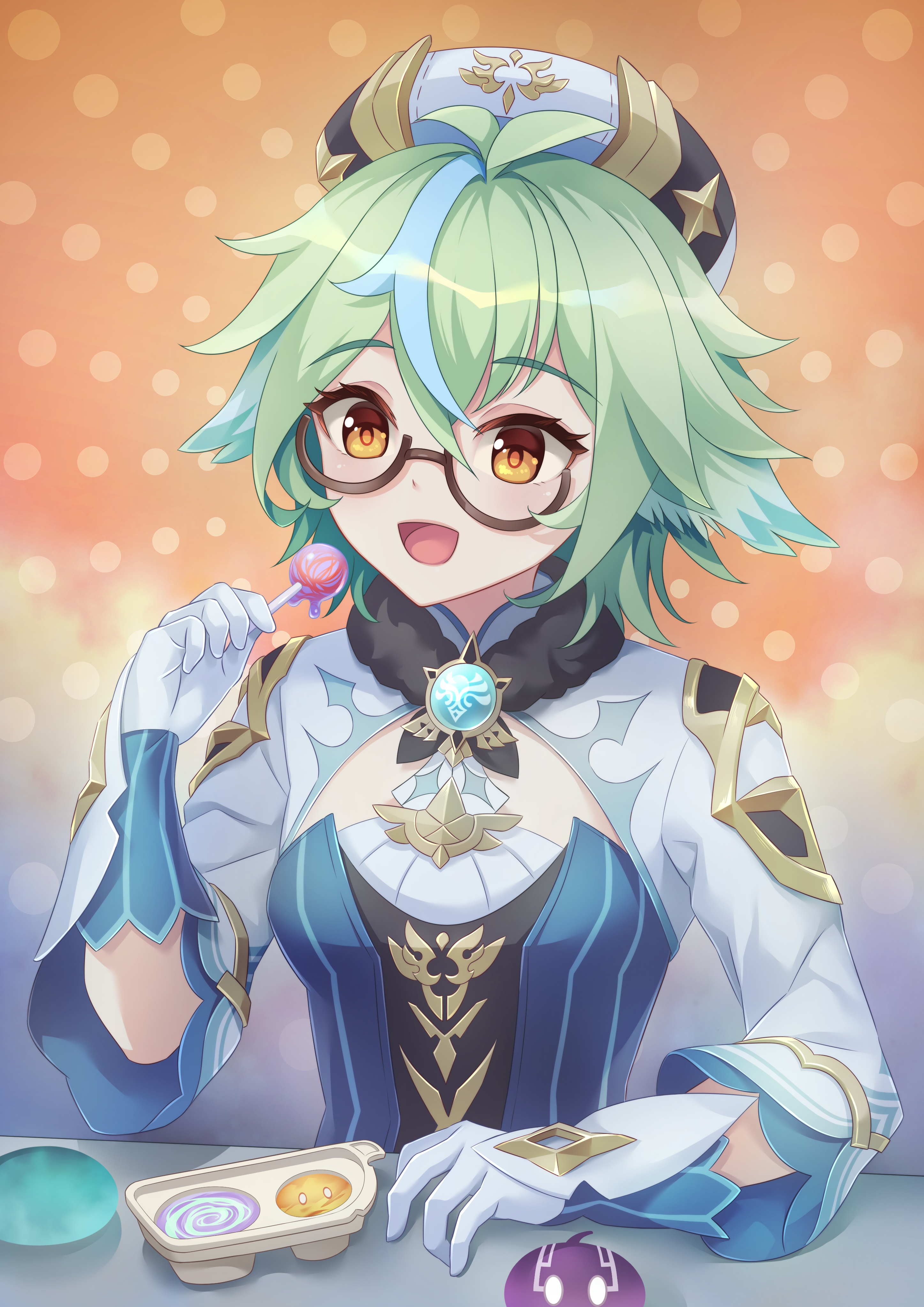 440 (straight440), sucrose (genshin impact), genshin impact, absurdres, commentary request, highres, 1girl, anemo symbol (genshin impact), animal ears, breasts, candy, food, glasses, gloves, green hair, hat, lollipop, medium breasts, open mouth, short hair, smile, solo, vision (genshin impact), yellow eyes