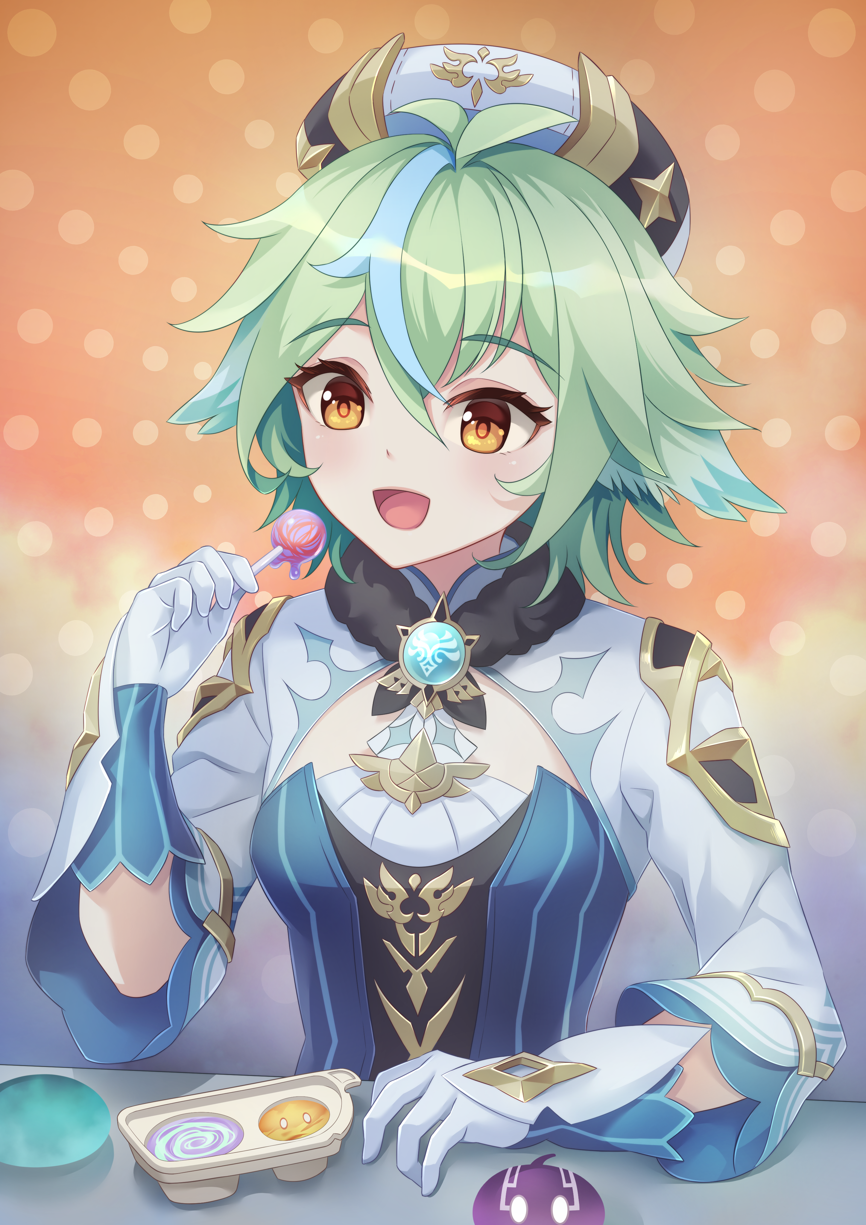 440 (straight440), sucrose (genshin impact), genshin impact, absurdres, commentary request, highres, 1girl, anemo symbol (genshin impact), animal ears, breasts, candy, food, gloves, green hair, hat, lollipop, medium breasts, open mouth, short hair, smile, solo, vision (genshin impact), yellow eyes