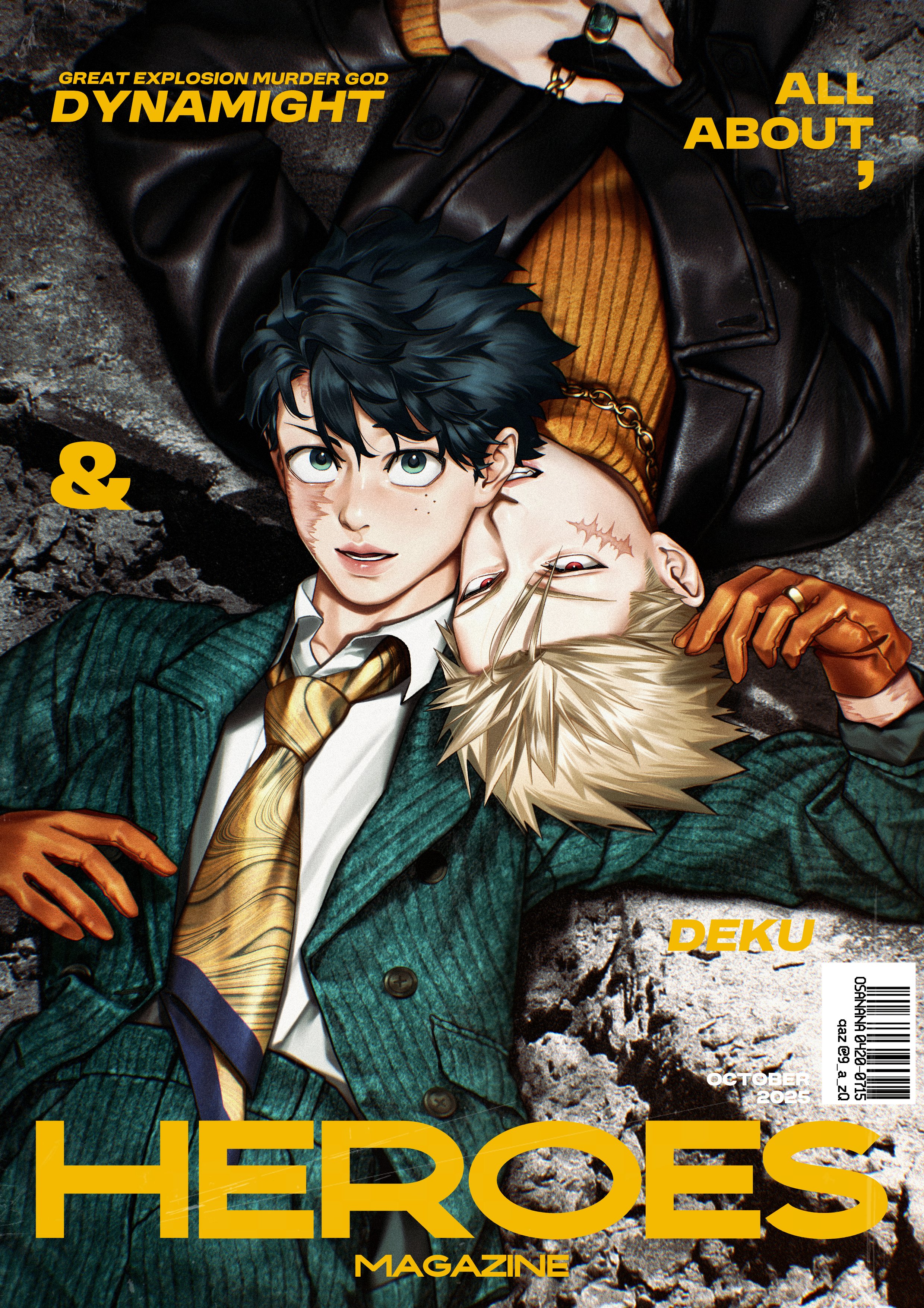 bakugou katsuki, midoriya izuku, boku no hero academia, absurdres, commentary request, highres, 2boys, 9 a zq, alternate costume, barcode, blonde hair, character name, collared shirt, cover, fake magazine cover, forehead, freckles, gloves, green eyes, green hair, hair pulled back, heads together, jacket, jewelry, lips, long sleeves, looking at viewer, lying, magazine cover, male focus, multiple boys, multiple rings, necklace, necktie, on back, orange gloves, red eyes, ring, scar, scar on arm, scar on face, scar on forehead, shirt, short hair, suit jacket, teeth, thumb ring, white shirt
