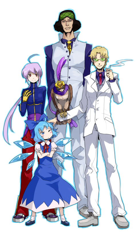 oso (toolate), aokiji (one piece), cirno, fliz, kula diamond, november 11 (darker than black), pet shop, darker than black, jojo no kimyou na bouken, m.u.g.e.n, one piece, the king of fighters, touhou, 00s, 2boys, 2girls, animal on arm, bird, bird on arm, black hair, blonde hair, blue hair, cigarette, crossover, fliz (mugen), formal clothes, juke kisaragi, multiple boys, multiple girls, power connection, purple hair, suit, sunglasses, wings