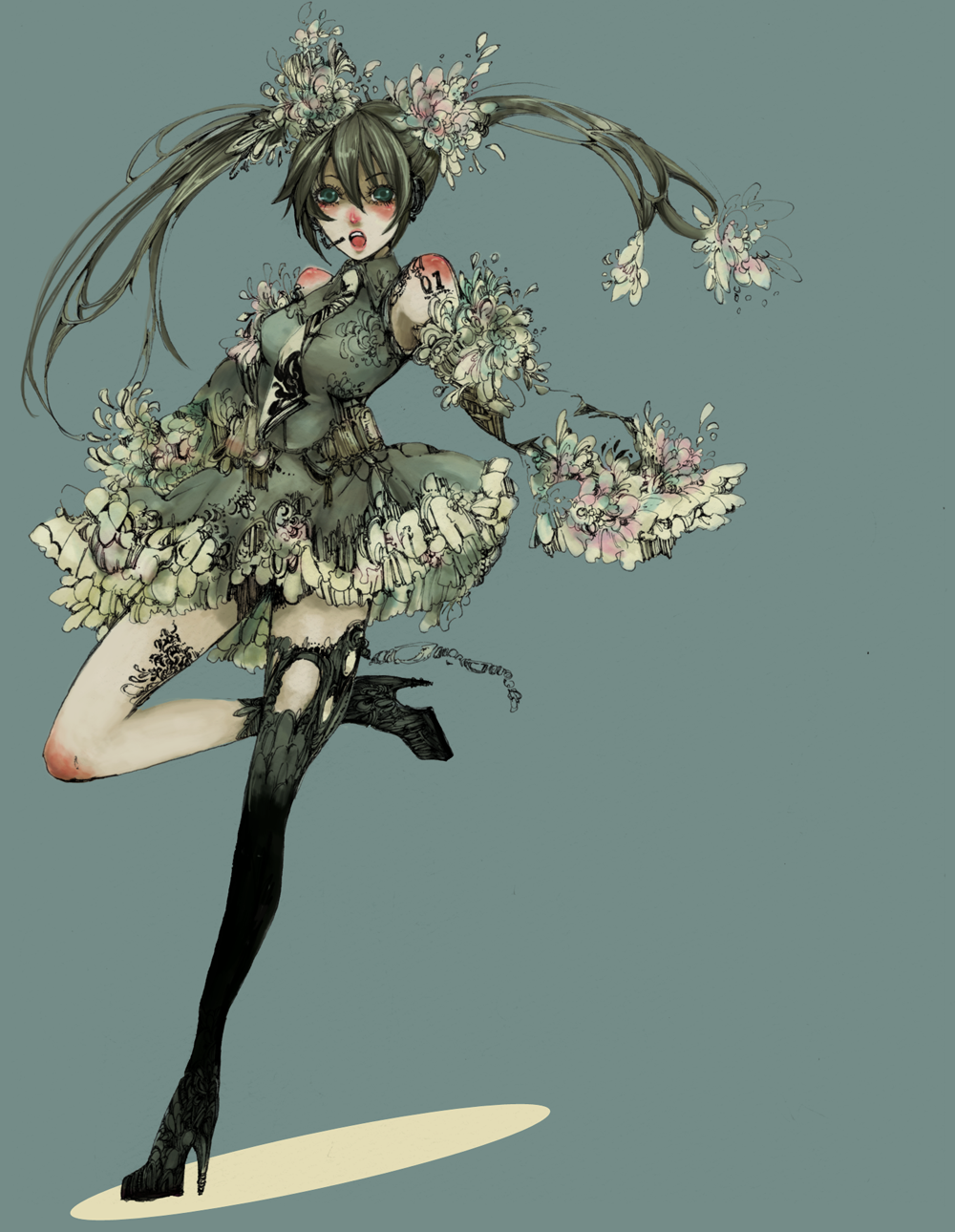 naname (strange world), hatsune miku, vocaloid, highres, 1girl, aqua eyes, asymmetrical clothes, detached sleeves, dress, female focus, flower, full body, green hair, headphones, headset, high heels, long hair, shoes, short dress, simple background, single thighhigh, solo, thighhighs, twintails