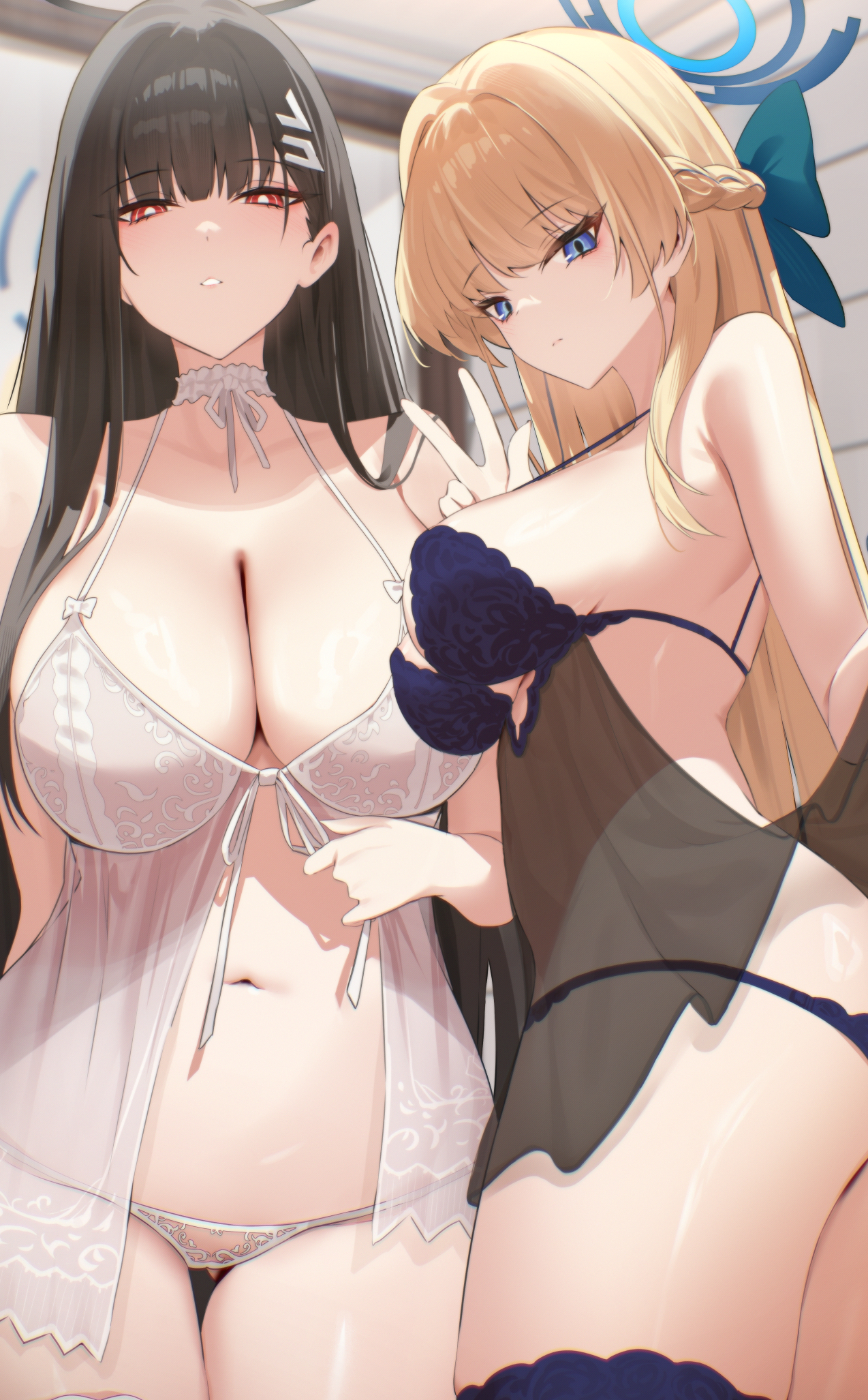 kakumayu, rio (blue archive), toki (blue archive), blue archive, commentary request, highres, 2girls, babydoll, black hair, blonde hair, blue eyes, blue halo, blue panties, braid, breasts, bright pupils, choker, cleavage, closed mouth, hair ornament, hairclip, halo, large breasts, lingerie, looking at viewer, multiple girls, official alternate hairstyle, panties, parted lips, red eyes, underwear, white babydoll, white choker, white panties, white pupils