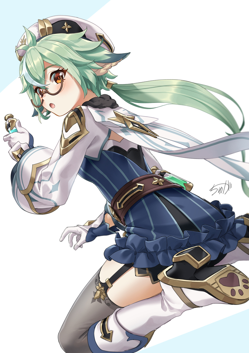 tyuga, sucrose (genshin impact), genshin impact, commentary request, 1girl, animal ears, blue dress, boots, breasts, dress, frilled skirt, frills, garter straps, glasses, gloves, green hair, hat, high heels, holding, holding vial, kneeling, looking at viewer, medium breasts, short hair, signature, skirt, solo, thighhighs, vial, white boots, white hat, yellow eyes