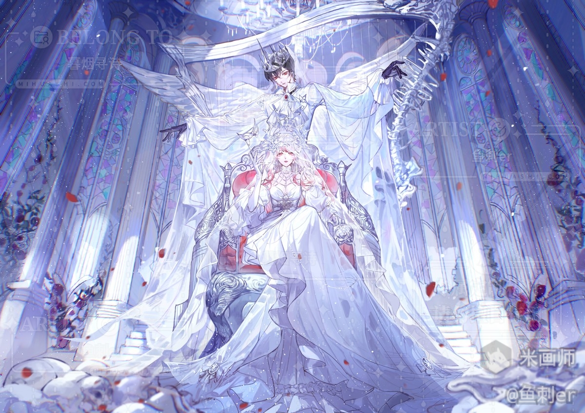 ayn alwyn, lovebrush chronicles, original, commission, mihuashi commission, 1boy, angel wings, ascot, bare shoulders, black gloves, black hair, blunt bangs, breasts, brooch, cape, closed mouth, commissioner insert, crossed legs, dress, elbow gloves, falling petals, feathered wings, flower, front-to-back, full body, gem, gloves, gown, hair between eyes, halo, halo behind head, hand up, harp, indoors, instrument, jewelry, light particles, long dress, long hair, long sleeves, looking at viewer, medium breasts, mihuashi username, multicolored hair, necklace, oc x canon, off-shoulder dress, off shoulder, outstretched arms, pearl necklace, petals, pile of skulls, pillar, pink eyes, pink lips, plant, pointed crown, puffy long sleeves, puffy sleeves, red eyes, red flower, red gemstone, red hair, red petals, red rose, rose, rose petals, see-through cape, see-through clothes, see-through veil, shirt, shizhong916, short hair, sitting on throne, smile, spiked halo, spread arms, stained glass, stairs, standing, straight-on, streaked hair, veil, vines, watermark, white ascot, white cape, white dress, white gloves, white hair, white halo, white shirt, white veil, white wings, wide sleeves, wings