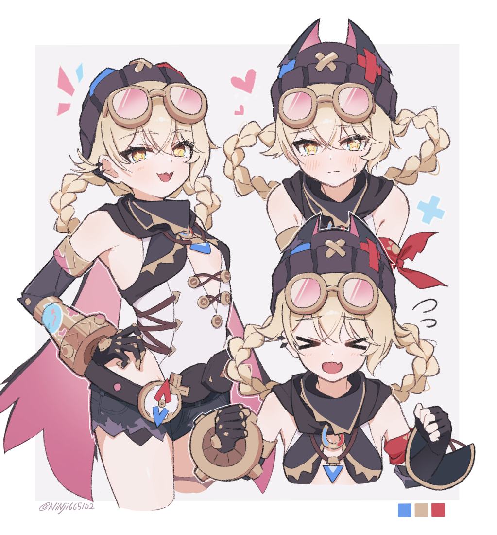 ninji665102, jahoda (genshin impact), genshin impact, commentary request, > <, 1girl, :d, bandana, bandana around arm, beanie, black gloves, black hat, black scarf, black shorts, blonde hair, blush, braid, braided hair rings, breasts, center opening, closed eyes, color guide, cropped legs, cropped torso, fang, flying sweatdrops, gloves, goggles, goggles on head, hair between eyes, hair rings, hat, heart, leotard, looking at viewer, mechanical arms, medium hair, multiple views, open mouth, prosthesis, prosthetic arm, red bandana, scarf, shorts, single glove, single mechanical arm, skin fang, small breasts, smile, star-shaped pupils, star (symbol), symbol-shaped pupils, tinted eyewear, torn clothes, torn shorts, white leotard, yellow eyes