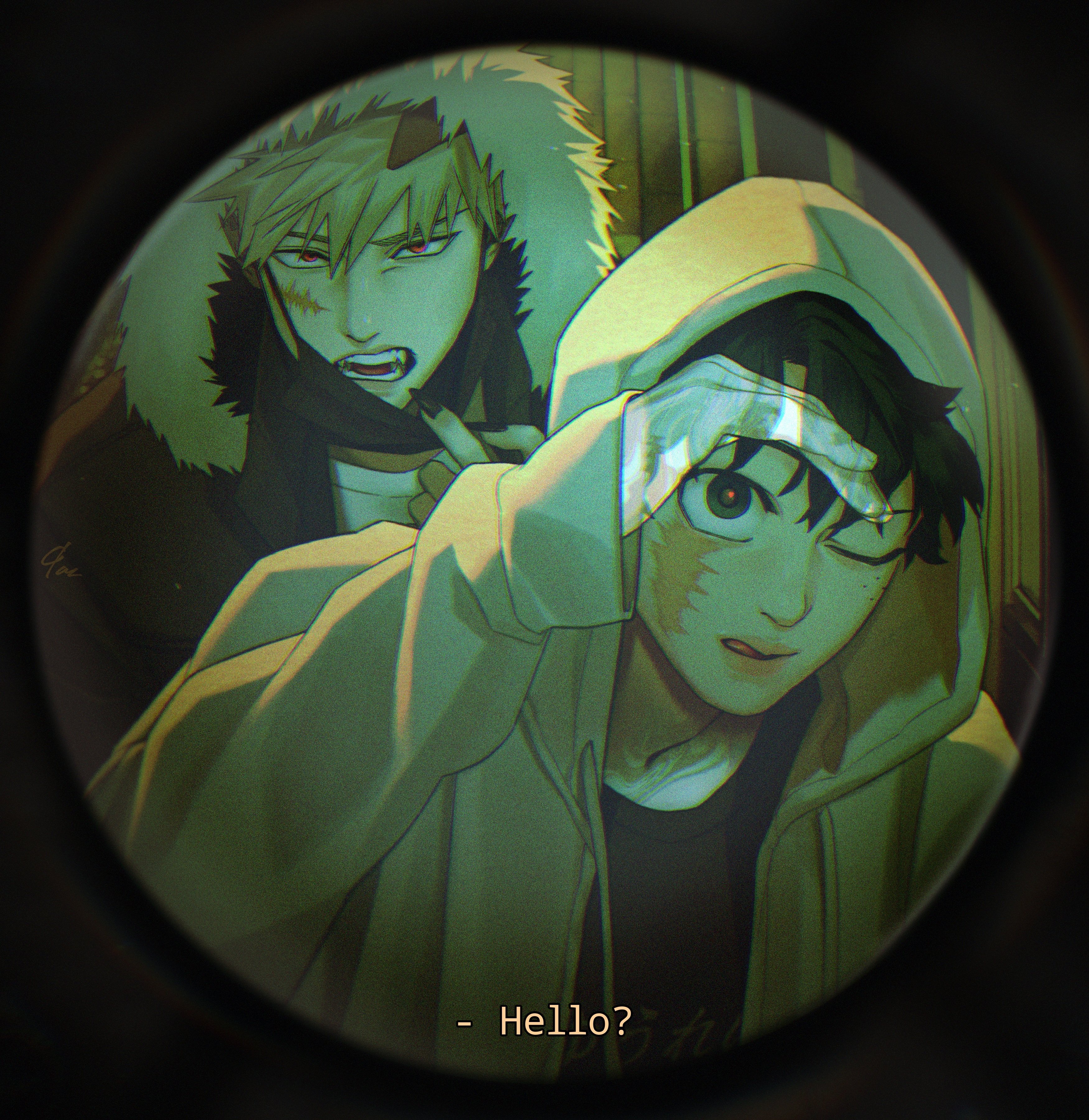 bakugou katsuki, midoriya izuku, boku no hero academia, absurdres, highres, 2boys, 9 a zq, black eyes, black hair, black nails, black shirt, blonde hair, english text, fingernails, fur-trimmed hood, fur trim, grey hoodie, hood, hood up, hoodie, looking at viewer, male focus, mask, mouth mask, multiple boys, pov peephole, red eyes, scar, scar on face, scar on hand, sharp fingernails, shirt, short hair, spiked hair, teeth, upper body