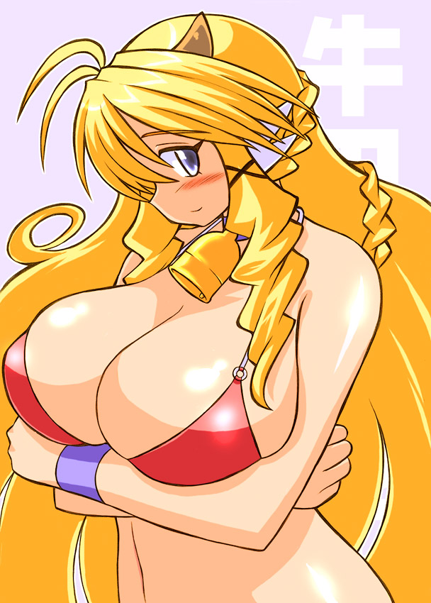 gomamiso (gomamiso sp), ushita kaoruko, original, breast hold, 1girl, armband, bikini, blonde hair, blush, breasts, cleavage, cow girl, cow horns, female focus, horns, huge breasts, long hair, smile, solo, swimsuit