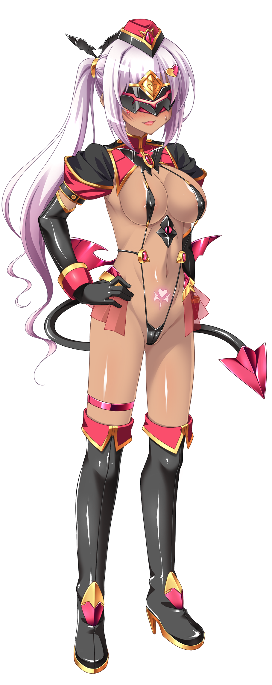 aoi masami, asamiya minami, slave ignis, ts magical girl nao, game cg, highres, large variant set, non-web source, official art, variant set, 1girl, black gloves, blindfold, boots, breasts, corruption, covered erect nipples, dark-skinned female, dark persona, dark skin, demon girl, demon tail, elbow gloves, full body, gloves, hand on own hip, hat, high heels, horns, large breasts, long hair, mask, navel, open mouth, pubic tattoo, side ponytail, slave gear (tsmg nao!), slave visor (tsmg nao!), slingshot swimsuit, smile, solo, standing, swimsuit, tachi-e, tail, tattoo, thigh boots, thigh strap, thighhighs, transparent background, wings