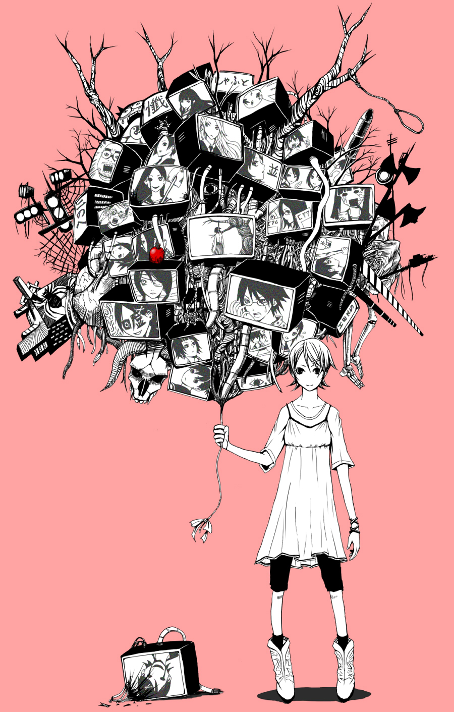 hal (pixiv), pict-pict, arai chie, fujiyoshi harumi, fuura kafuka, hitou nami, itoshiki nozomu, itoshiki rin, kaga ai, kimura kaere, kitsu chiri, kobushi abiru, komori kiri, maruuchi shouko, mitama mayo, ookusa manami, oora kanako, otonashi meru, tsunetsuki matoi, sayonara zetsubou sensei, highres, 00s, 3boys, 6+girls, apple, bandage over one eye, bandages, baseball bat, black hair, blanket, bone, boots, braid, bug, cellphone, cowboy boots, dress, everyone, eyepatch, food, fruit, glasses, hair ornament, hairclip, horns, japanese clothes, long hair, mole, multiple boys, multiple girls, noose, phone, ponytail, school uniform, short hair, shorts, shovel, silk, skull, smile, spider, spider web, surreal, television, tree, twin braids, worktool