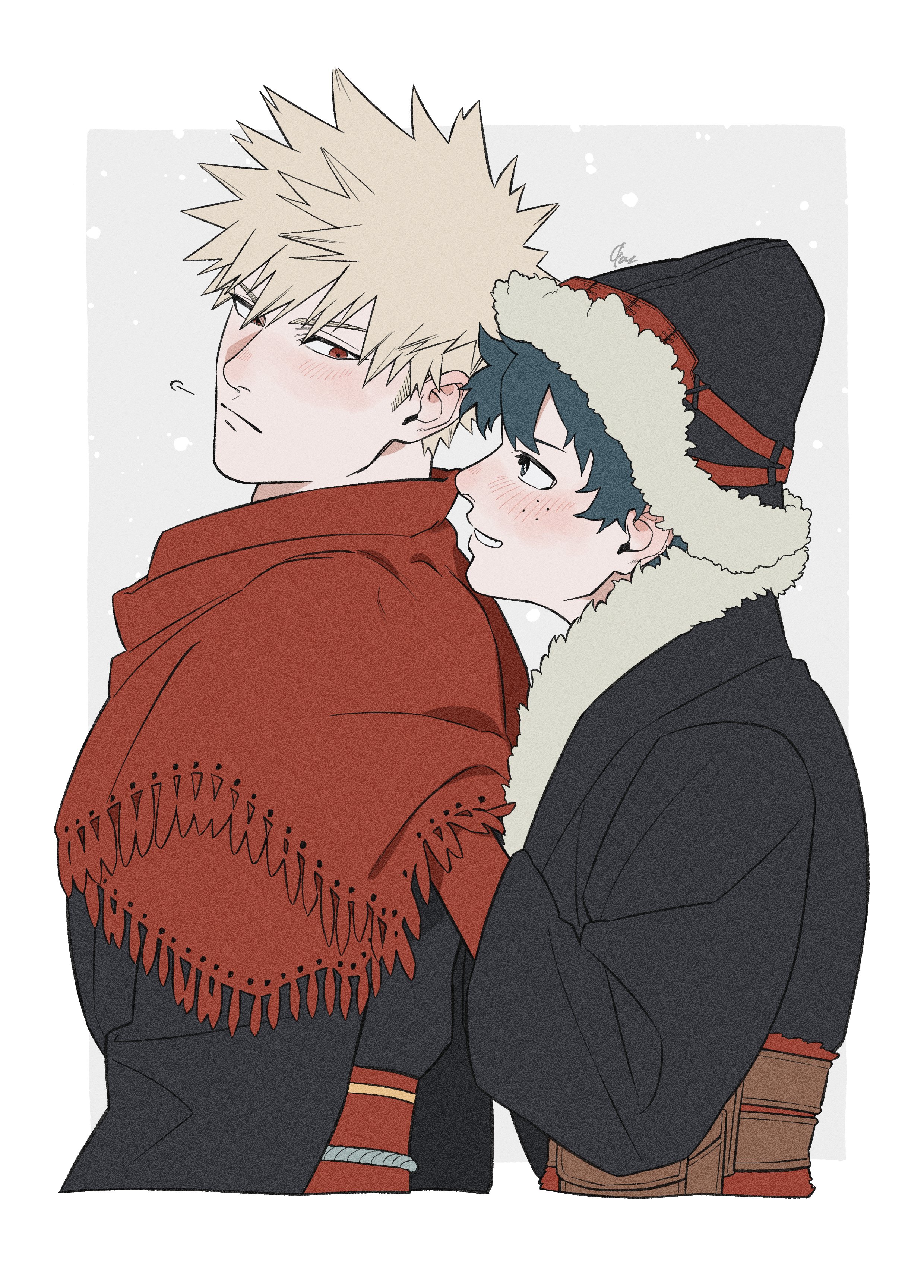 bakugou katsuki, midoriya izuku, boku no hero academia, absurdres, commentary request, highres, 2boys, 9 a zq, alternate costume, blonde hair, blush, border, closed mouth, freckles, from side, front-to-back, height difference, looking at another, male focus, multiple boys, outside border, red eyes, short hair, sideburns, spiked hair, upper body, white border, winter clothes