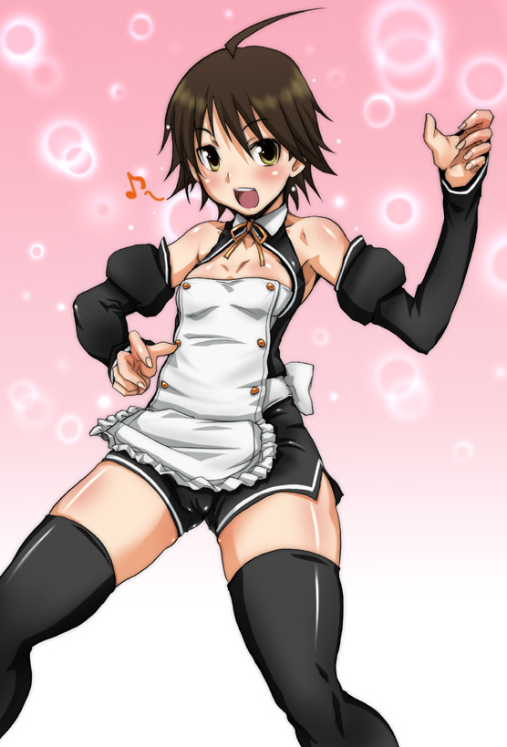 hirokawa kouichirou, nao (dream c club), dream c club, dream c club (series), 1girl, ahoge, apron, blush, brown eyes, brown hair, cameltoe, detached sleeves, female focus, flat chest, legs, musical note, short hair, shorts, solo, thighhighs, thighs