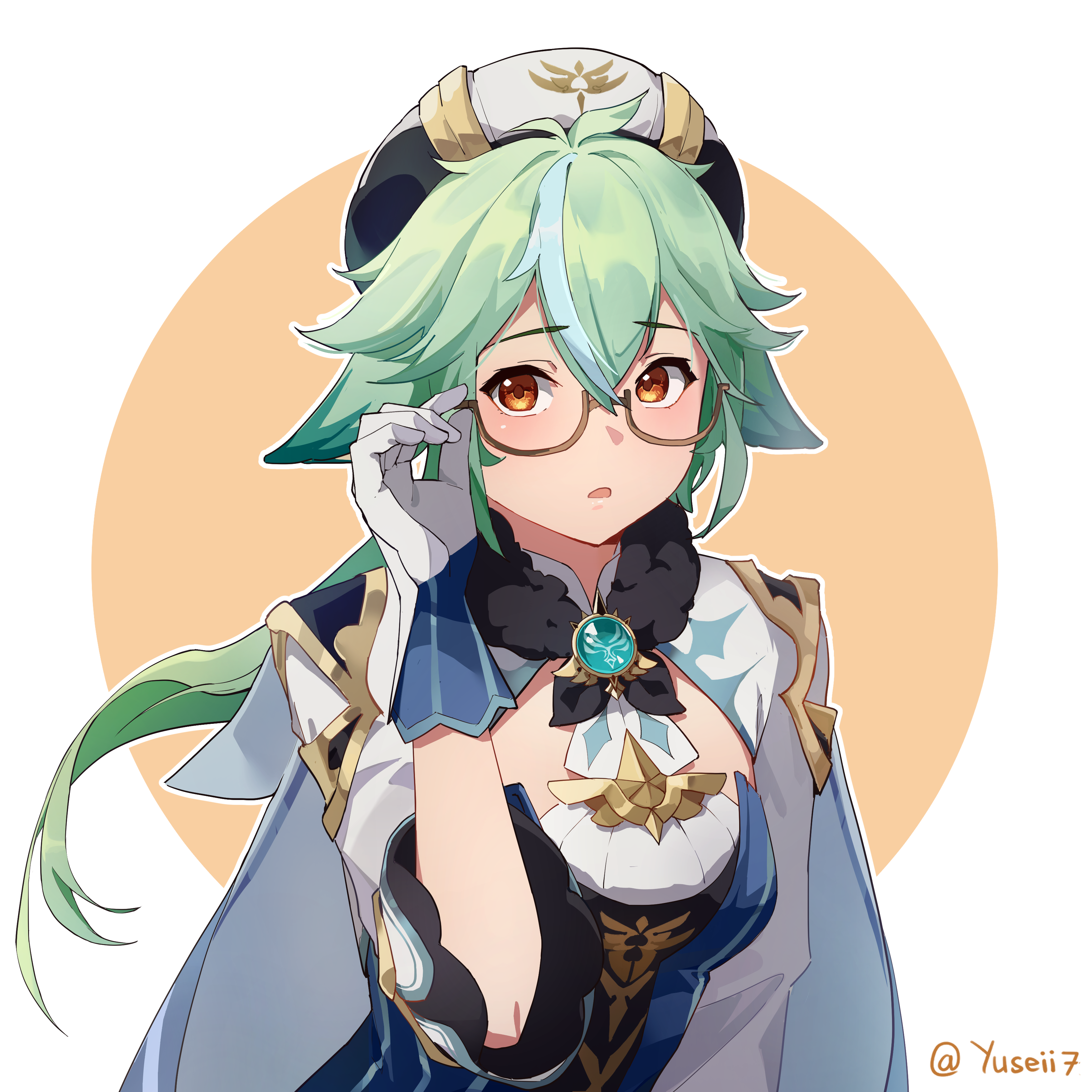yuseii, sucrose (genshin impact), genshin impact, absurdres, commentary, english commentary, highres, 1girl, anemo symbol (genshin impact), animal ears, blush, breasts, glasses, gloves, green hair, hat, long hair, looking at viewer, medium breasts, open mouth, solo, twitter username, vision (genshin impact), white gloves, white hat, yellow eyes