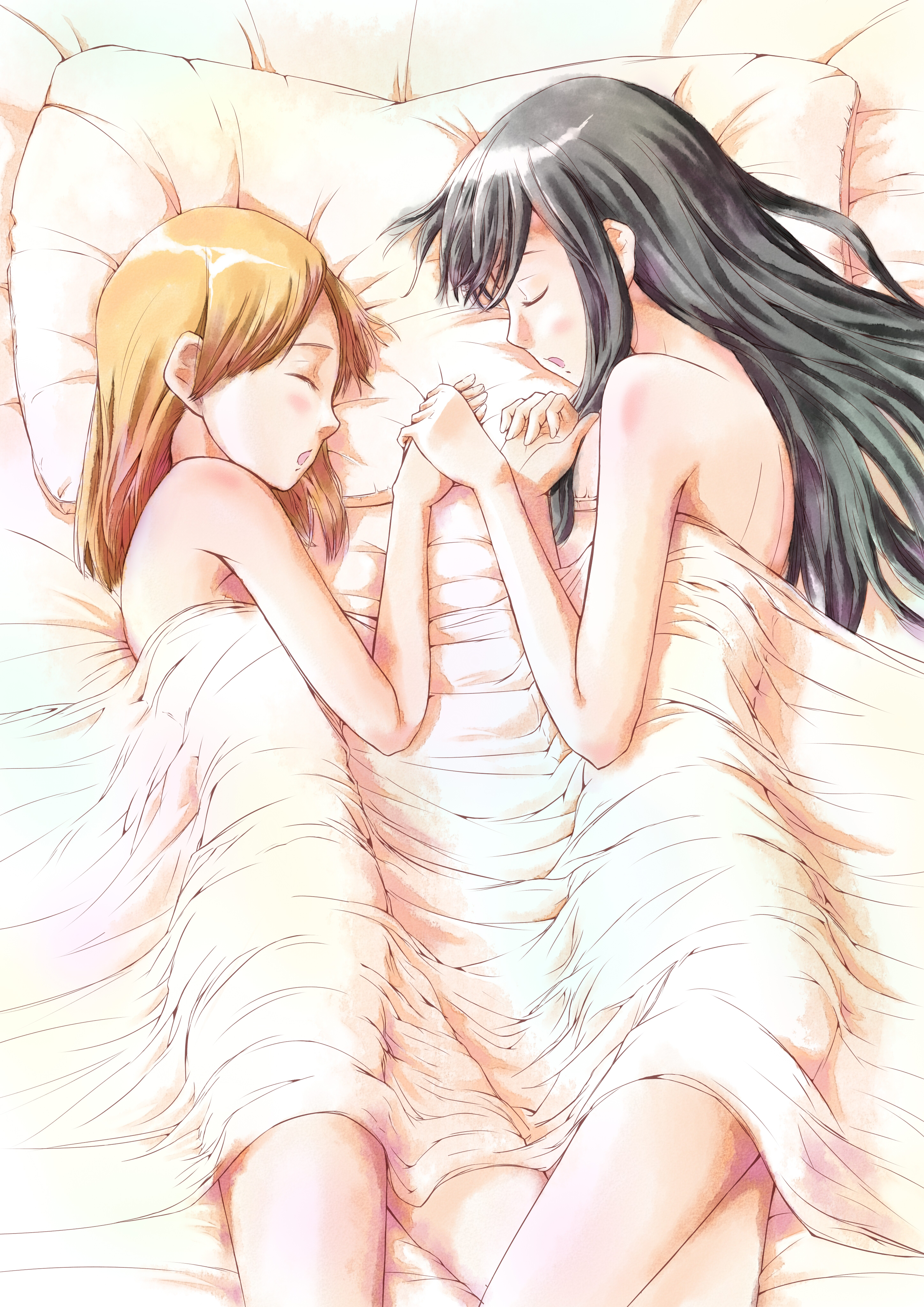 nomi, manjoume fumi, okudaira akira, aoi hana, absurdres, highres, 00s, 2girls, bed, bed sheet, black hair, brown hair, closed eyes, holding hands, morning after, multiple girls, naked sheet, pillow, sleeping, yuri