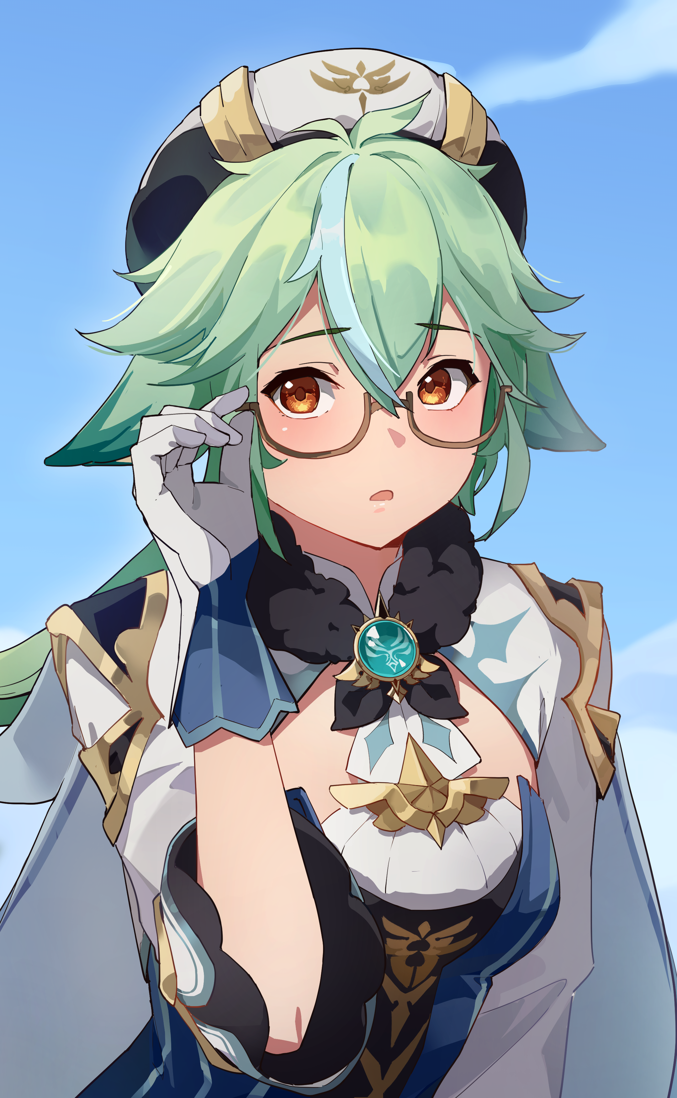 yuseii, sucrose (genshin impact), genshin impact, absurdres, commentary, english commentary, highres, 1girl, anemo symbol (genshin impact), animal ears, blush, breasts, glasses, gloves, green hair, hat, long hair, looking at viewer, medium breasts, open mouth, sky, solo, twitter username, vision (genshin impact), white gloves, white hat, yellow eyes