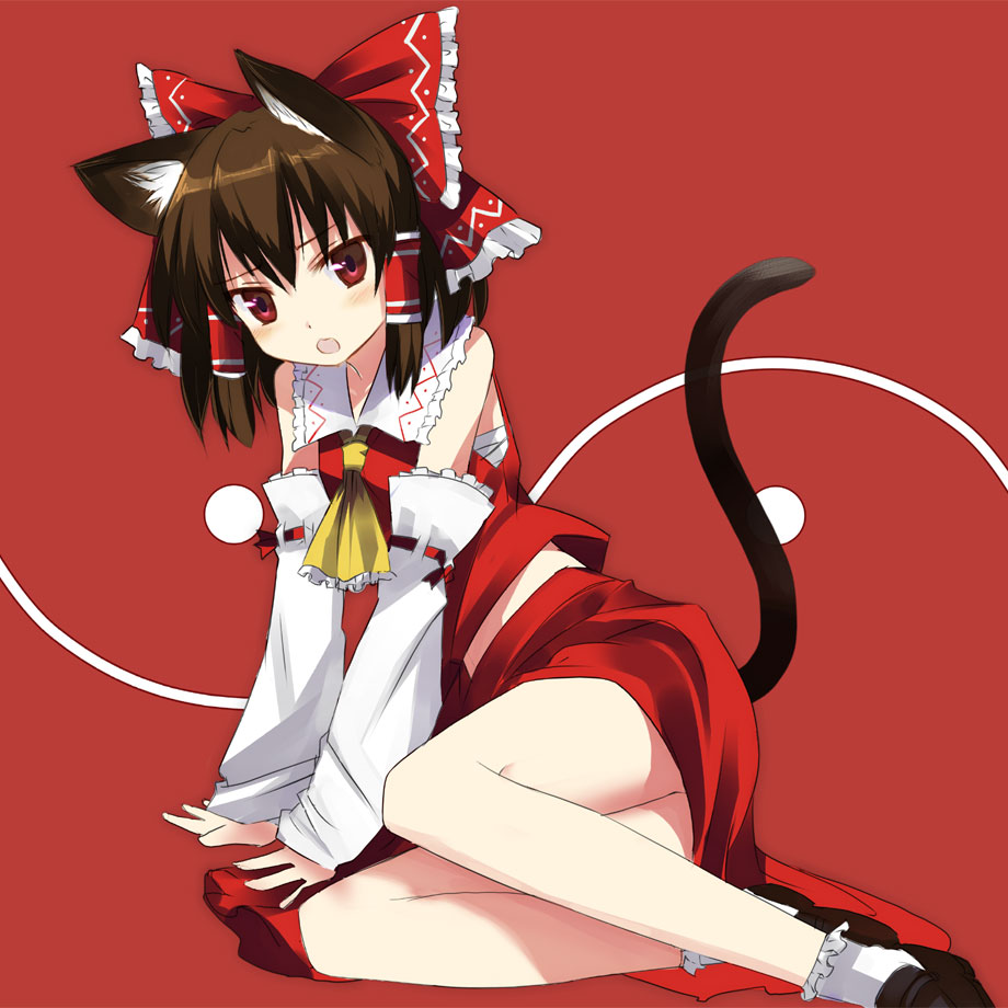 gotyou, hakurei reimu, touhou, 1girl, animal ears, arm support, blush, bow, brown hair, cat ears, cat girl, cat tail, detached sleeves, female focus, hair bow, japanese clothes, kemonomimi mode, large bow, legs, miko, open mouth, ribbon, short hair, simple background, skirt, solo, tail