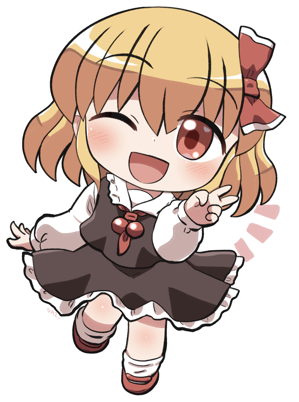 rokugou daisuke, rumia, touhou, commentary request, highres, 1girl, ;d, ascot, black skirt, black vest, blonde hair, blush, chibi, chibi only, collared shirt, frilled skirt, frills, full body, hair between eyes, hair ribbon, hand up, long sleeves, looking at viewer, notice lines, one eye closed, open mouth, red ascot, red eyes, red ribbon, red shoes, ribbon, shirt, shoes, short hair, signature, simple background, skirt, skirt set, smile, socks, solo, standing, v, vest, white background, white shirt, white socks