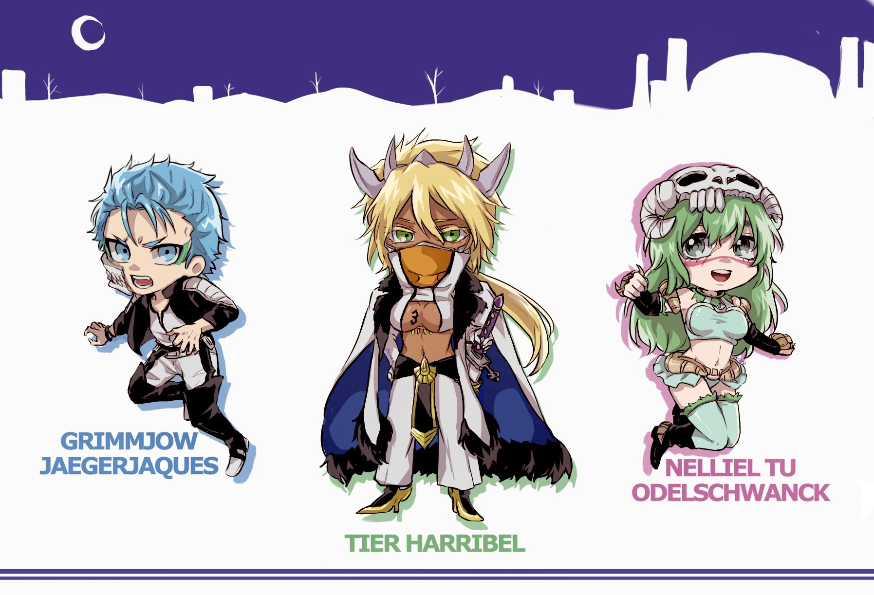 1046sstep btoh, grimmjow jaegerjaquez, nelliel tu odelschwanck, tier harribel, bleach, commentary request, highres, 1boy, 2girls, black jacket, blonde hair, blue eyes, blue hair, breasts, broken mask, cape, chibi, cleavage, cleavage cutout, clothing cutout, crop top, eyeliner, facial mark, fur-trimmed cape, fur trim, green eyeliner, green eyes, green hair, hand on own hip, high heels, horns, jacket, large breasts, long hair, makeup, mask, midriff, miniskirt, mouth mask, multiple girls, navel, pants, sheath, sheathed, skirt, skull on head, sword, weapon, white cape, white pants