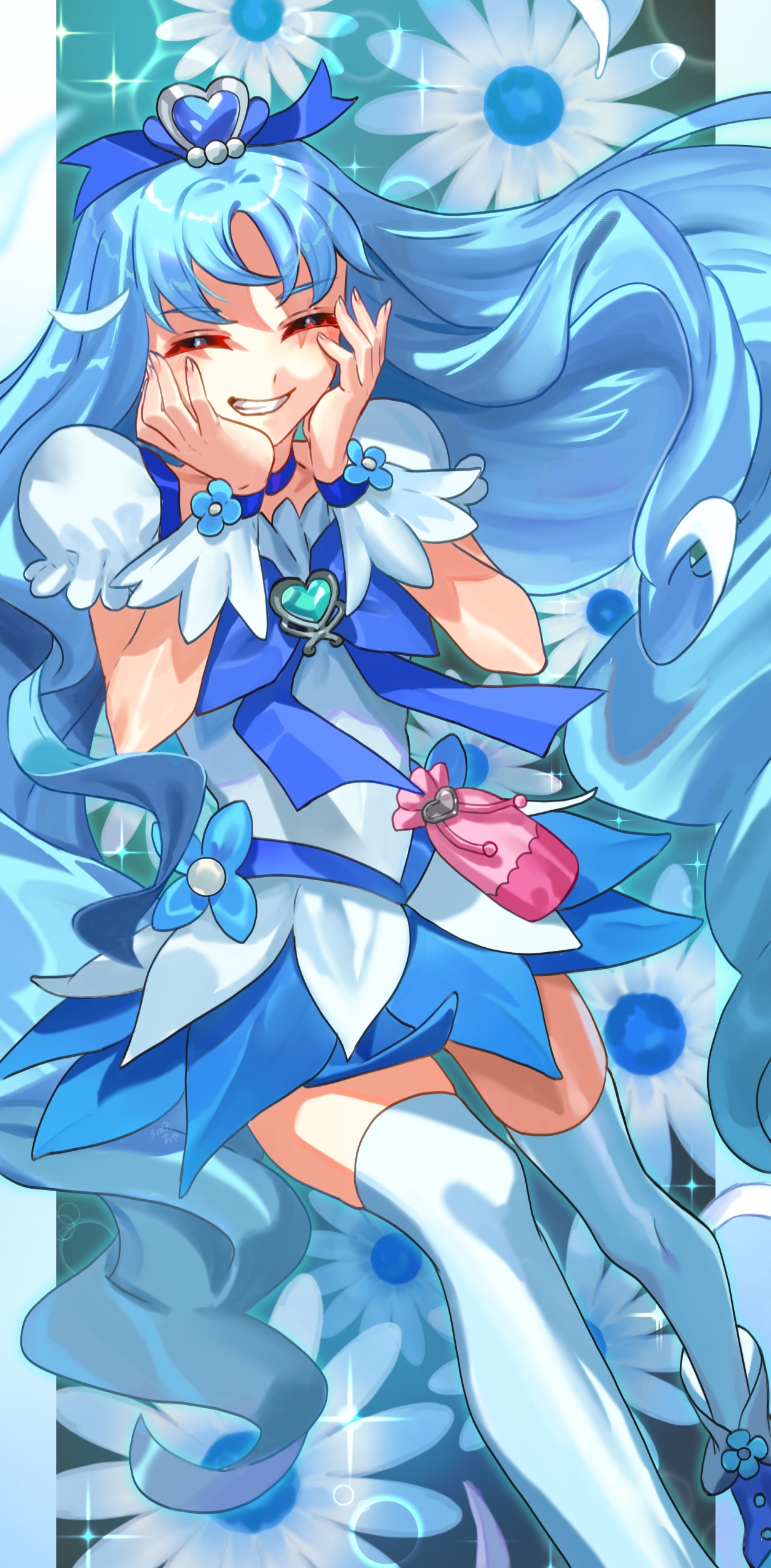 n-bata, cure marine, kurumi erika, heartcatch precure!, precure, absurdres, commentary request, highres, 1girl, blue choker, blue hair, blue skirt, blue theme, blue wrist cuffs, brooch, choker, closed eyes, cowboy shot, flower, hair ornament, heart, heart brooch, jewelry, long hair, magical girl, pouch, skirt, smile, thighhighs, white thighhighs, wrist cuffs