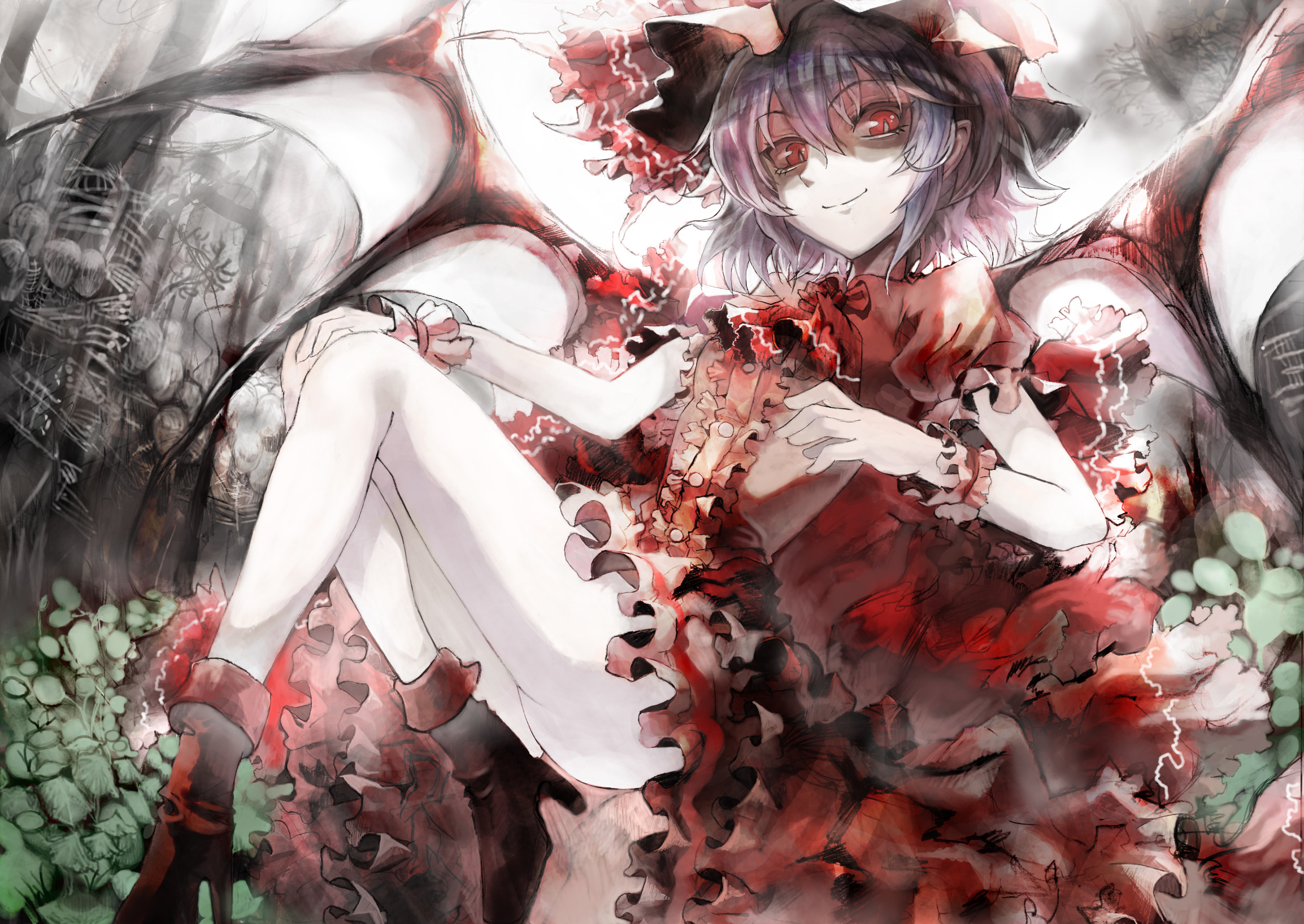 asuka shirou, remilia scarlet, touhou, light purple hair, highres, 1girl, ass, bat wings, boots, closed mouth, colored skin, female focus, hat, looking at viewer, pale skin, red eyes, shadow, short hair, smile, solo, solo focus, white skin, wings