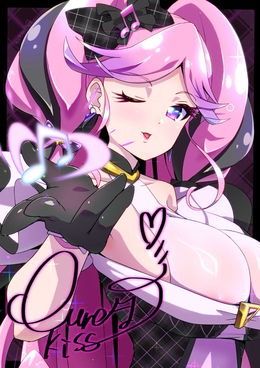 ryuuta (cure ryuuta), cure kiss, meroron (precure), kimi to idol precure, precure, commentary request, highres, bare shoulders, black gloves, black hair, blowing kiss, braid, breasts, character name, dress, earrings, fortissimo, gloves, hair ornament, hair ribbon, jewelry, long hair, looking at viewer, multicolored hair, musical note, musical note hair ornament, one eye closed, pink hair, purple eyes, ribbon, sideboob, twin braids, upper body, very long hair