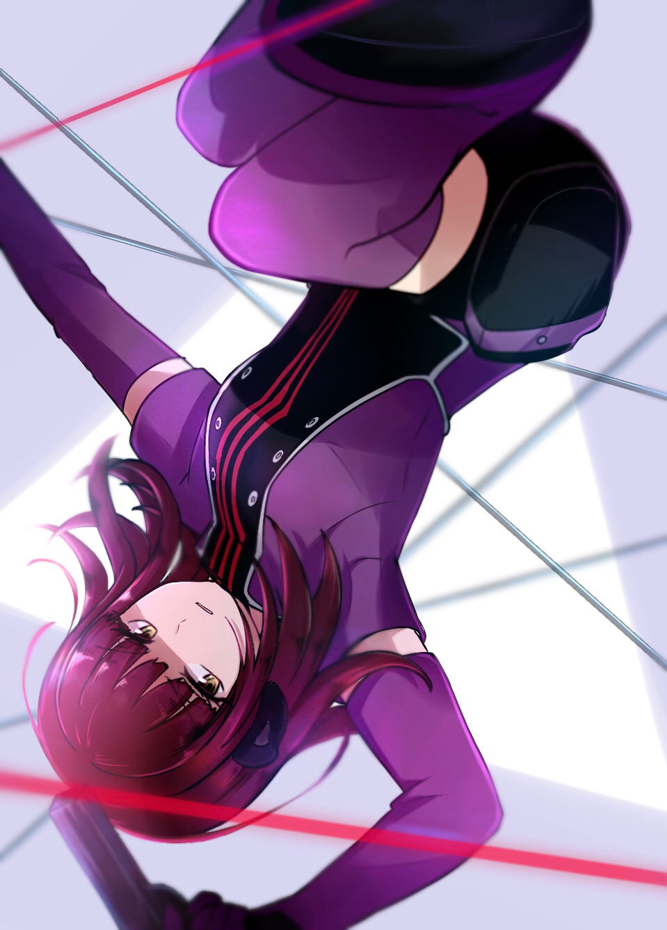 katori youko, world trigger, commentary, highres, 1girl, 78 (uhjn2434), boots, elbow gloves, gloves, grey background, gun, handgun, headphones, holding, holding gun, holding weapon, holster, jacket, katori squad's uniform, long hair, purple boots, purple gloves, purple jacket, red hair, short jumpsuit, short sleeves, solo, thighhighs, upside-down, weapon, wire, yellow eyes, zettai ryouiki