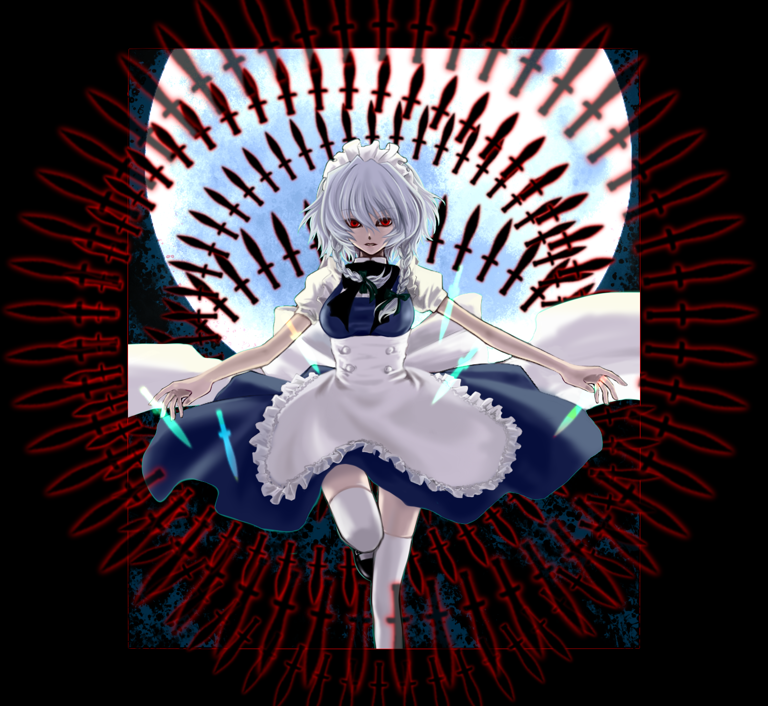 mizuki aoi, izayoi sakuya, touhou, silver hair, highres, 1girl, braid, breasts, female focus, knife, maid, outdoors, red eyes, short hair, sky, solo, thighhighs, throwing knife, twin braids, weapon