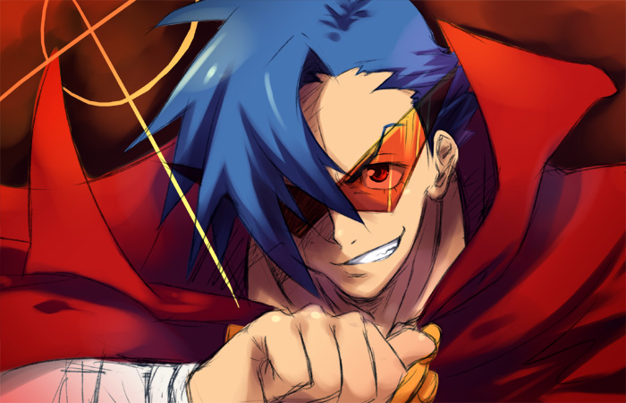 aki, pandaki (aki), kamina (ttgl), tengen toppa gurren lagann, 00s, 1boy, bandages, blue hair, cape, glasses, grin, kamina shades, male focus, red eyes, smile, solo, triangular eyewear