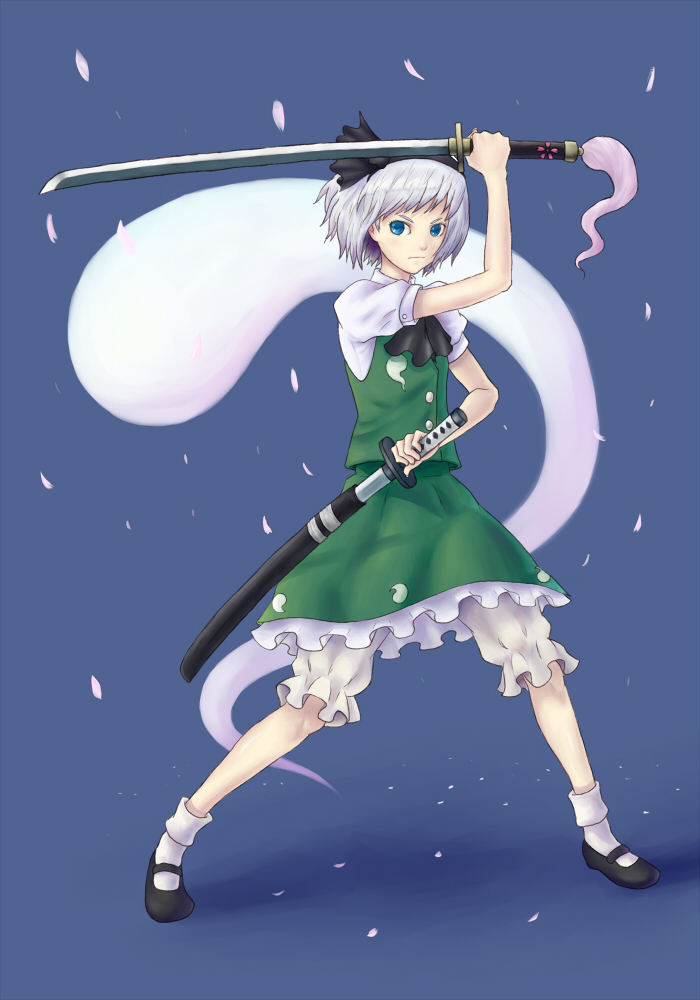 gomi, konpaku youmu, konpaku youmu (ghost), touhou, silver hair, bad id, bad pixiv id, 1girl, blue eyes, female focus, full body, ghost, hairband, katana, short hair, skirt, solo, sword, weapon