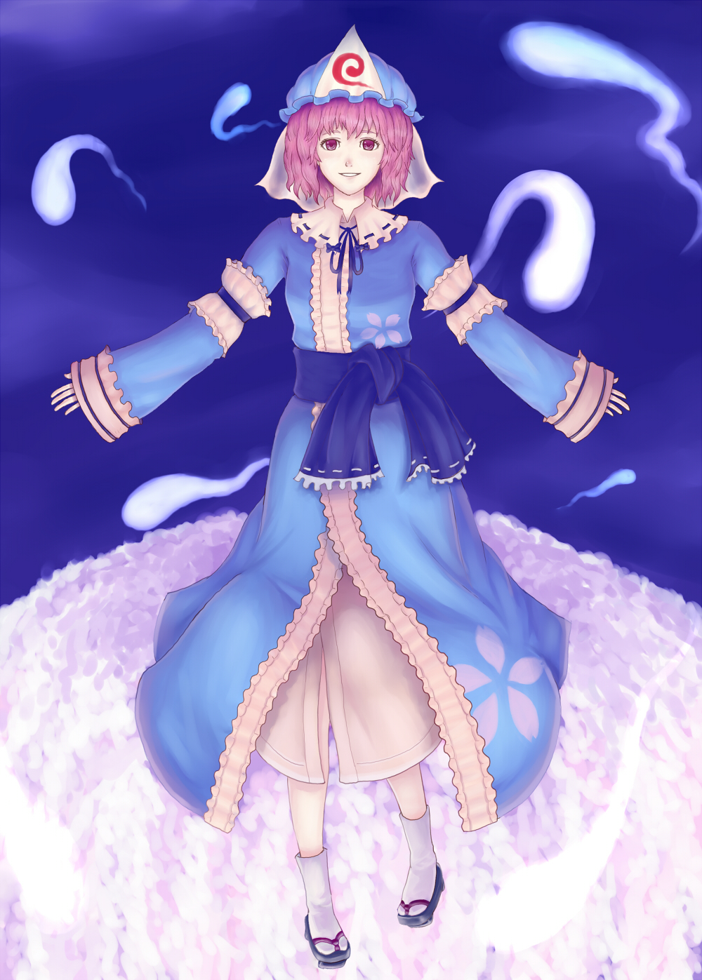 gomi, saigyouji yuyuko, touhou, bad id, bad pixiv id, highres, 1girl, cherry blossoms, clog sandals, dress, female focus, full body, ghost, gradient background, hat, mob cap, petals, pink eyes, pink hair, sandals, short hair, solo, zouri