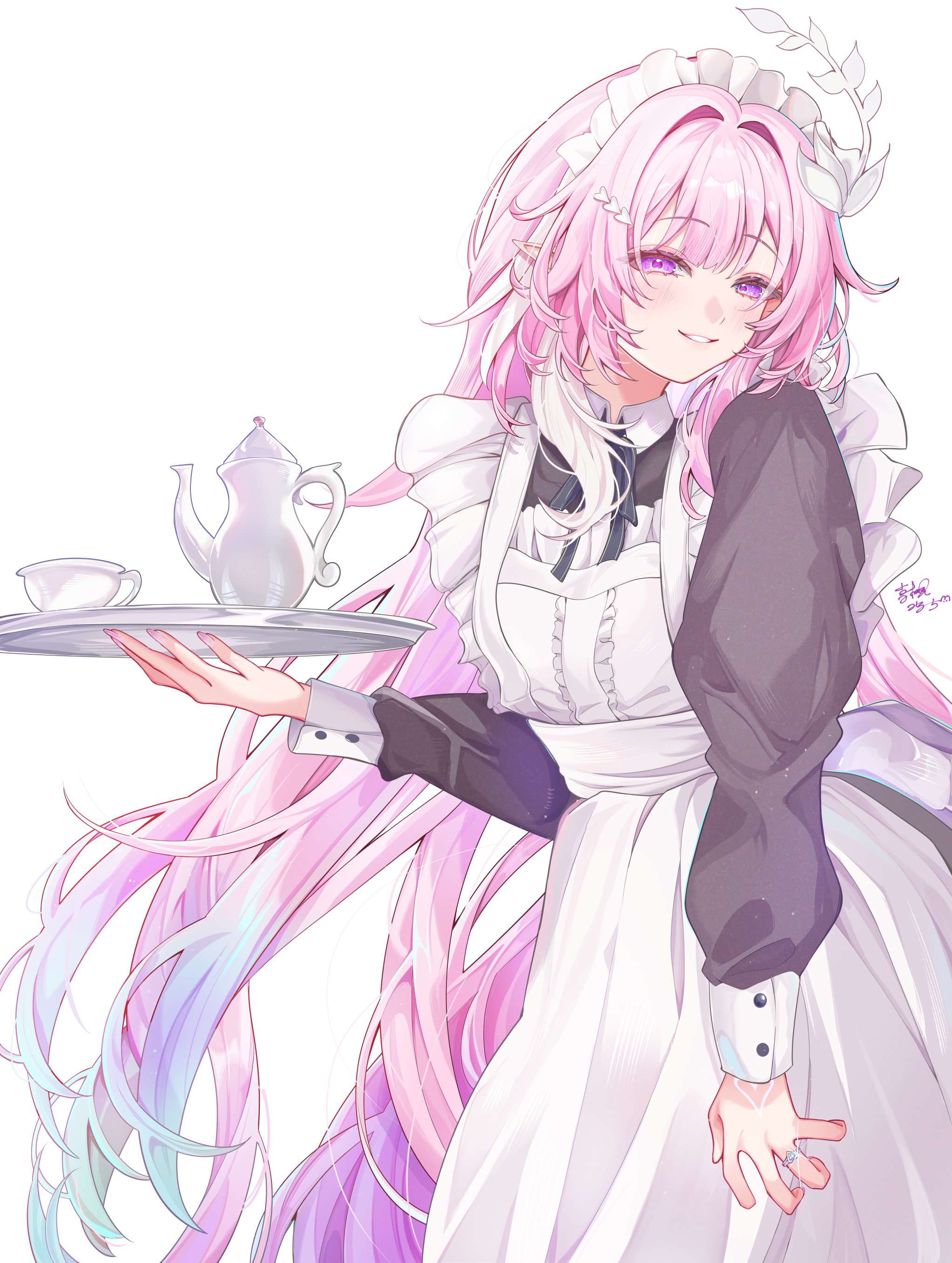 millchi, cyrene (honkai: star rail), cyrene (ripples of past reverie) (honkai: star rail), honkai: star rail, honkai (series), absurdres, commentary, highres, 1girl, alternate costume, apron, black dress, dress, fingernails, gradient hair, holding, holding tray, long hair, long sleeves, looking at viewer, maid headdress, multicolored hair, nail polish, parted lips, pink eyes, pink hair, pink nails, pointy ears, sidelocks, simple background, smile, solo, tray, very long hair, white background