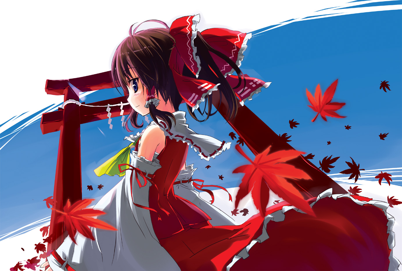 gotyou, hakurei reimu, touhou, 1girl, blue eyes, bow, brown hair, detached sleeves, female focus, gradient background, hair bow, hair ribbon, japanese clothes, leaf, miko, nature, outdoors, plant, ponytail, ribbon, skirt, sky, solo, torii, white background