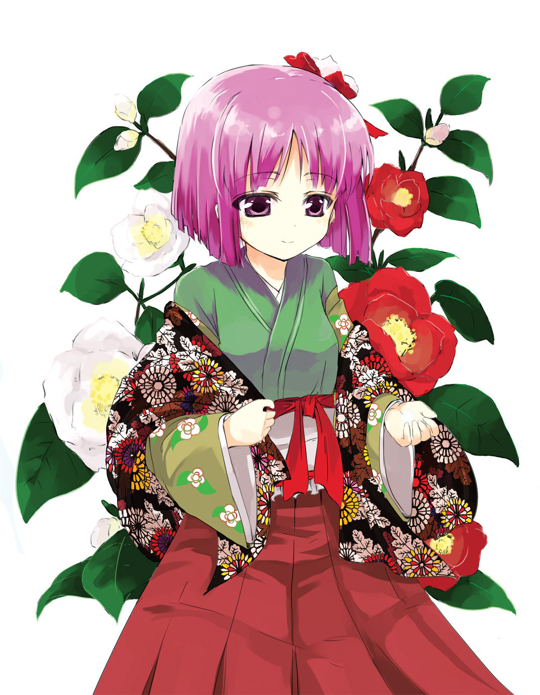 gotyou, hieda no akyuu, touhou, highres, 1girl, blunt bangs, bob cut, female focus, floral background, floral print, flower, japanese clothes, looking down, off shoulder, plant, purple eyes, purple hair, short hair, smile, solo, standing, white background