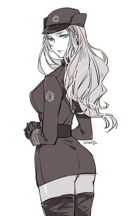 star wars, star wars: the force awakens, artist request, 1girl, ass, breasts, first order, hat, large breasts, long hair, looking back, military hat, military uniform, panties, panty peek, pantyhose, signature, simple background, sketch, skirt, thighhighs, underwear, wavy hair, white background