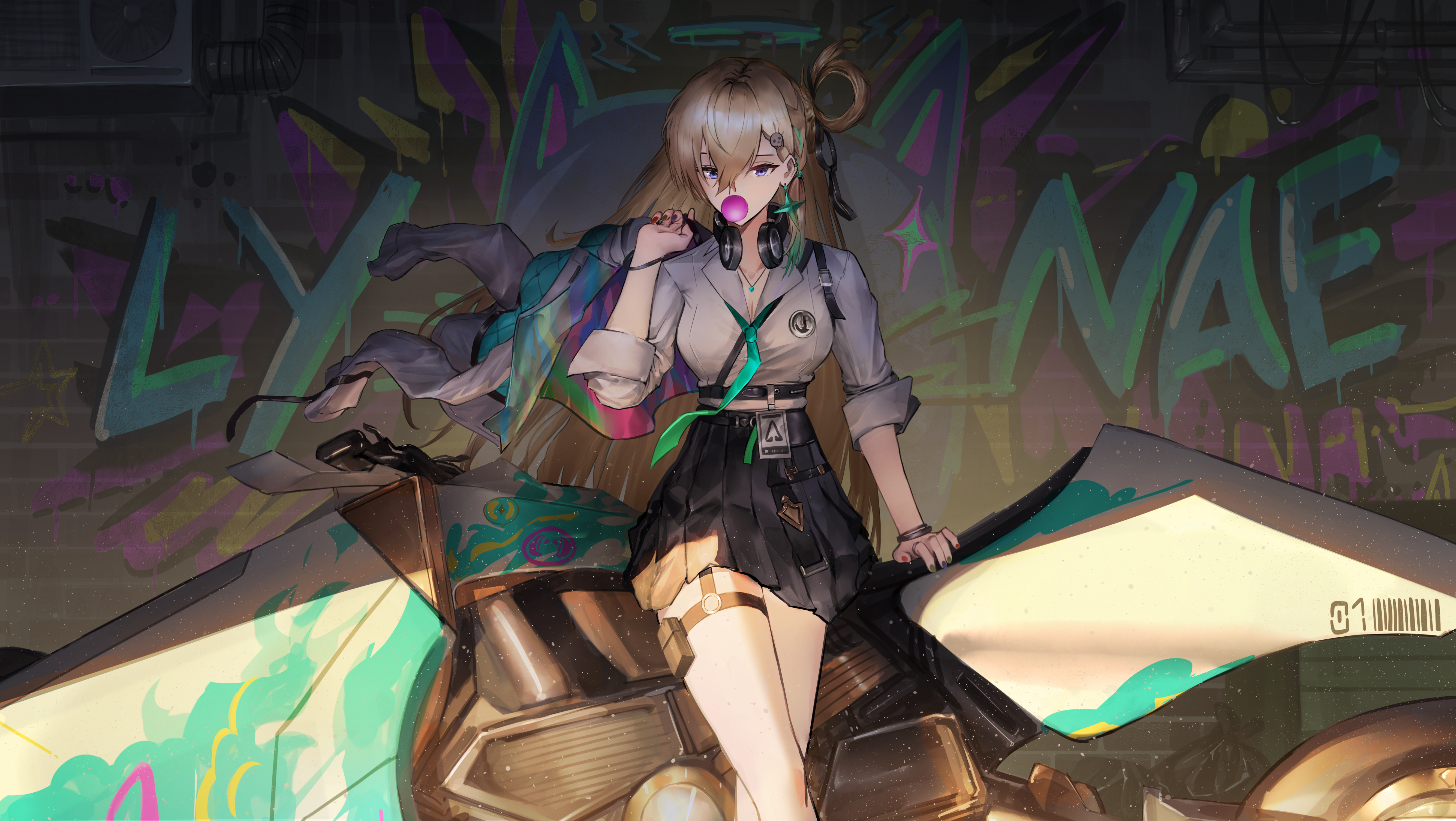 angelo (angeloart26), lynae (wuthering waves), wuthering waves, absurdres, commentary, highres, 1girl, aqua necktie, black skirt, blonde hair, blowing bubble gum, breasts, chewing gum, earrings, graffiti, hair between eyes, headphones, headphones around neck, holding, holding jacket, holding unworn clothes, id card, jacket, jewelry, large breasts, long hair, motor vehicle, motorcycle, necktie, shirt, skirt, solo, star (symbol), star earrings, unworn jacket, white jacket, white shirt