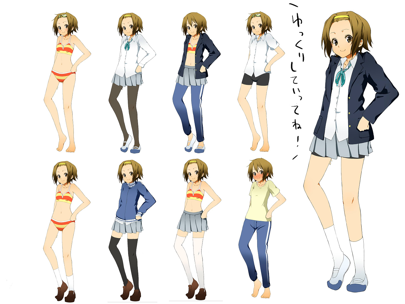 nishiuri warito, tainaka ritsu, k-on!, bad id, bad pixiv id, translated, 00s, 1girl, alternate hairstyle, barefoot, bike shorts, bikini, black pantyhose, black thighhighs, blazer, blush, brown hair, female focus, flat chest, goggles, hair down, hairband, hand on own hip, headband, hip focus, jacket, legs, loafers, multiple views, open clothes, open shirt, pantyhose, school uniform, shirt, shoes, short hair, skirt, smile, socks, striped bikini, striped clothes, sweater, swimsuit, thighhighs, uwabaki, white background, white pantyhose, white thighhighs, yukkuri shiteitte ne, zettai ryouiki