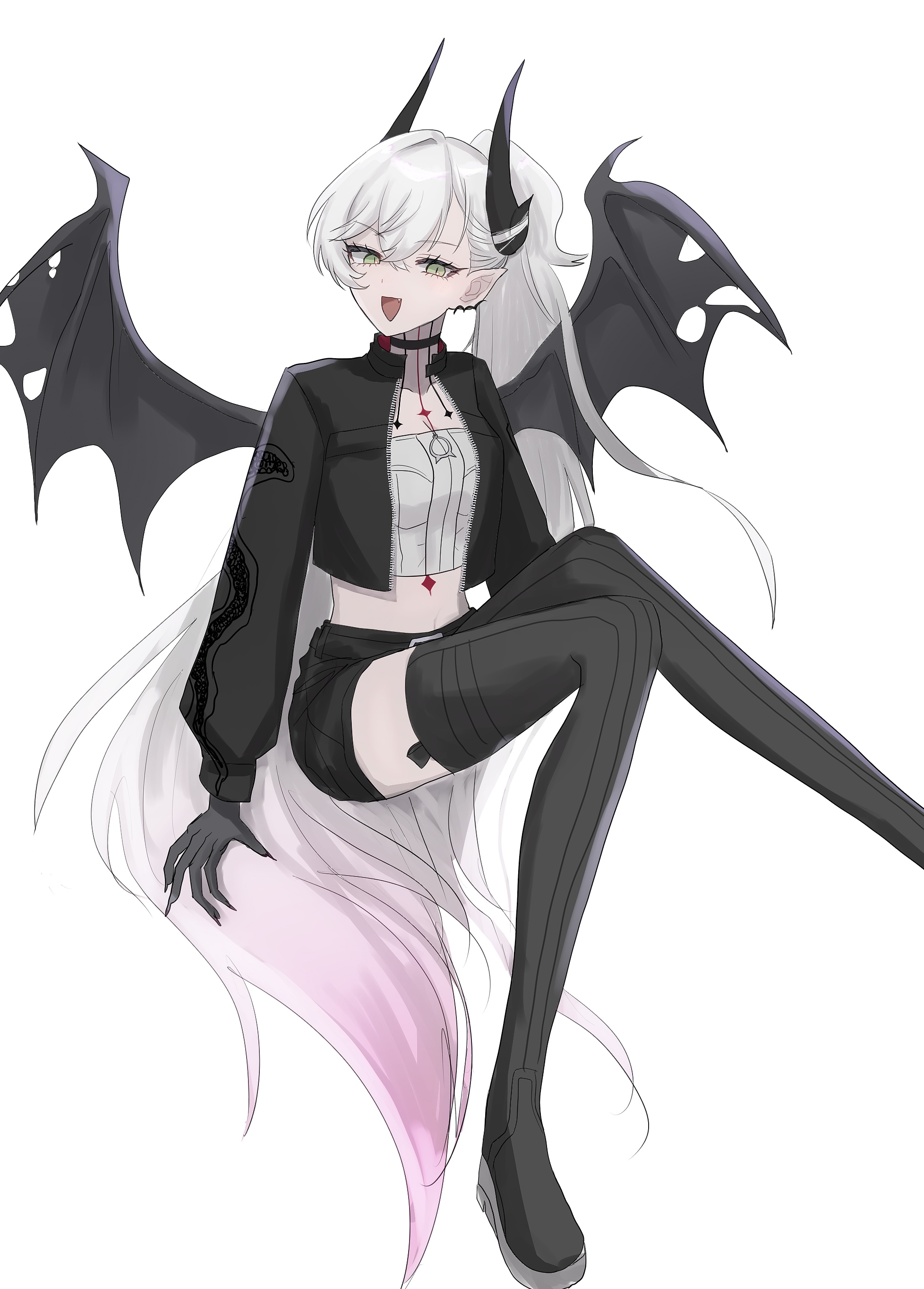 lilith (fate), lilith (over the same sky) (fate), fate/grand order, fate (series), absurdres, commentary request, highres, 1girl, bat wings, black jacket, black thighhighs, boots, breasts, chest tattoo, demon horns, green eyes, haru (jfwh2842), horns, jacket, medium breasts, neck tattoo, open clothes, open jacket, open mouth, pink hair, ponytail, smile, solo, tattoo, thigh boots, thighhighs, white hair, wings